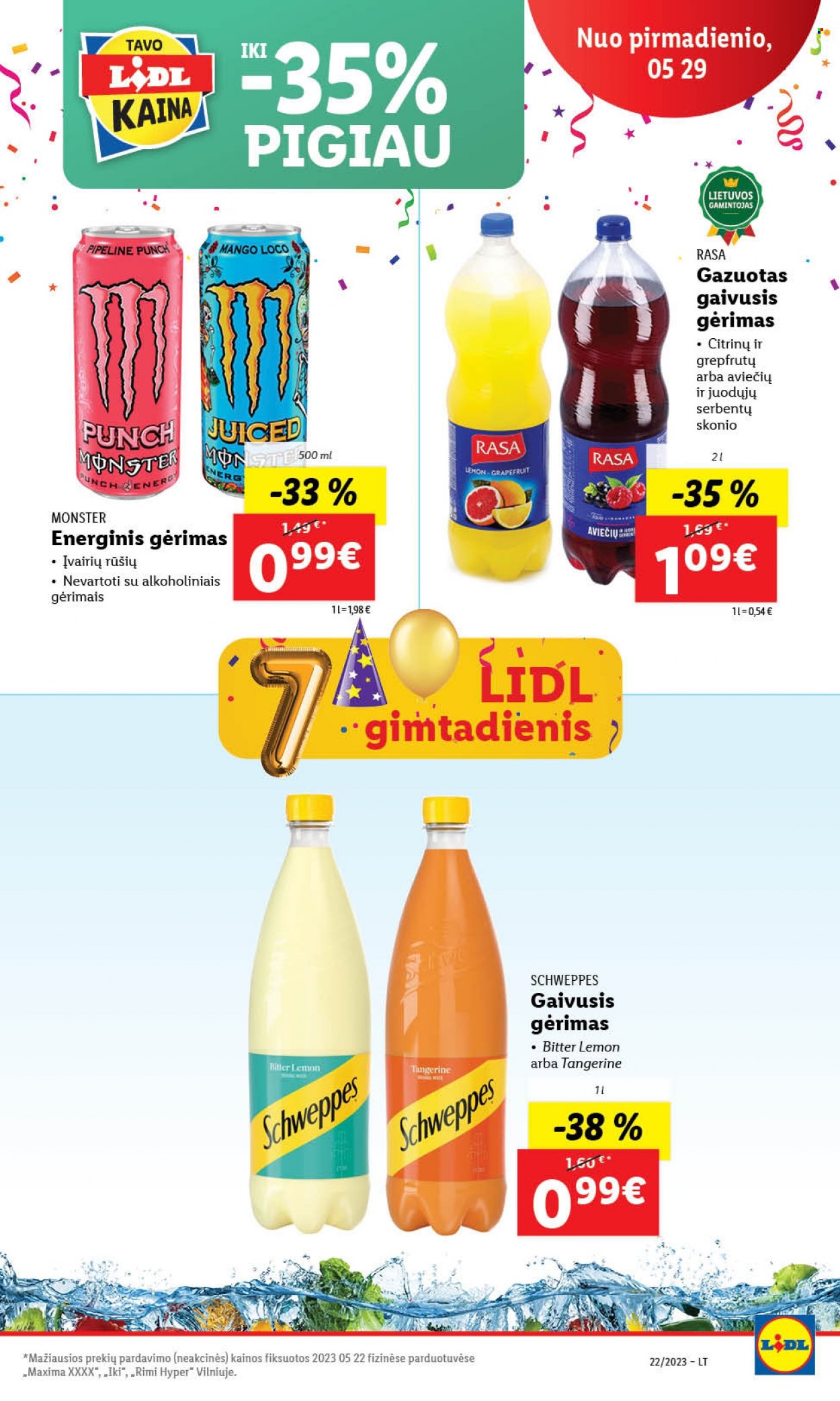 thumbnail - „Lidl“ leidinys - 2023 05 29 - 2023 06 04 - Išpardavimų produktai - mango, energinis gėrimas, Schweppes. 53 puslapis.