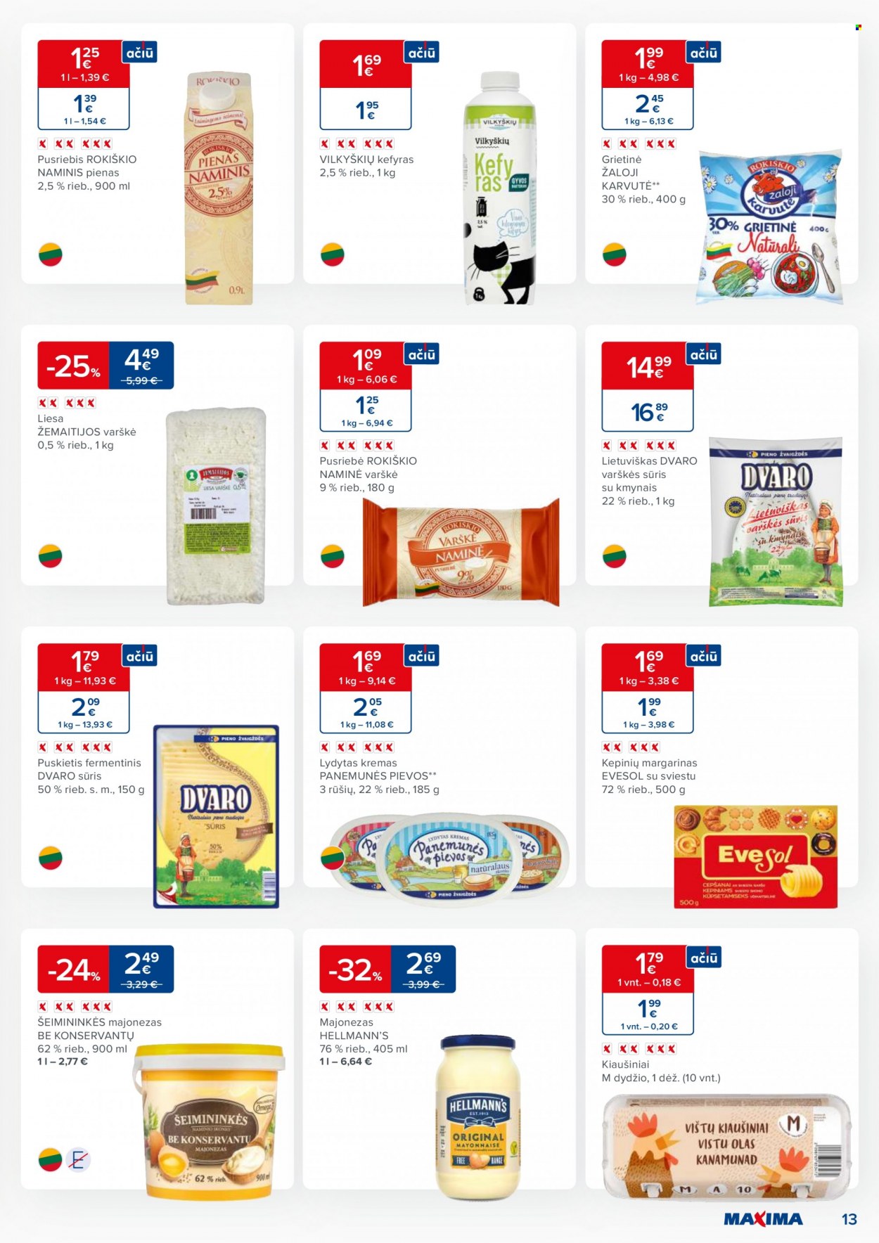 thumbnail - „Maxima“ leidinys - 2023 05 30 - 2023 06 05 - Išpardavimų produktai - sūris, varškei, pienas, kiaušiniai, margarinas, grietinė, Hellmann's, majonezas, kremas. 13 puslapis.