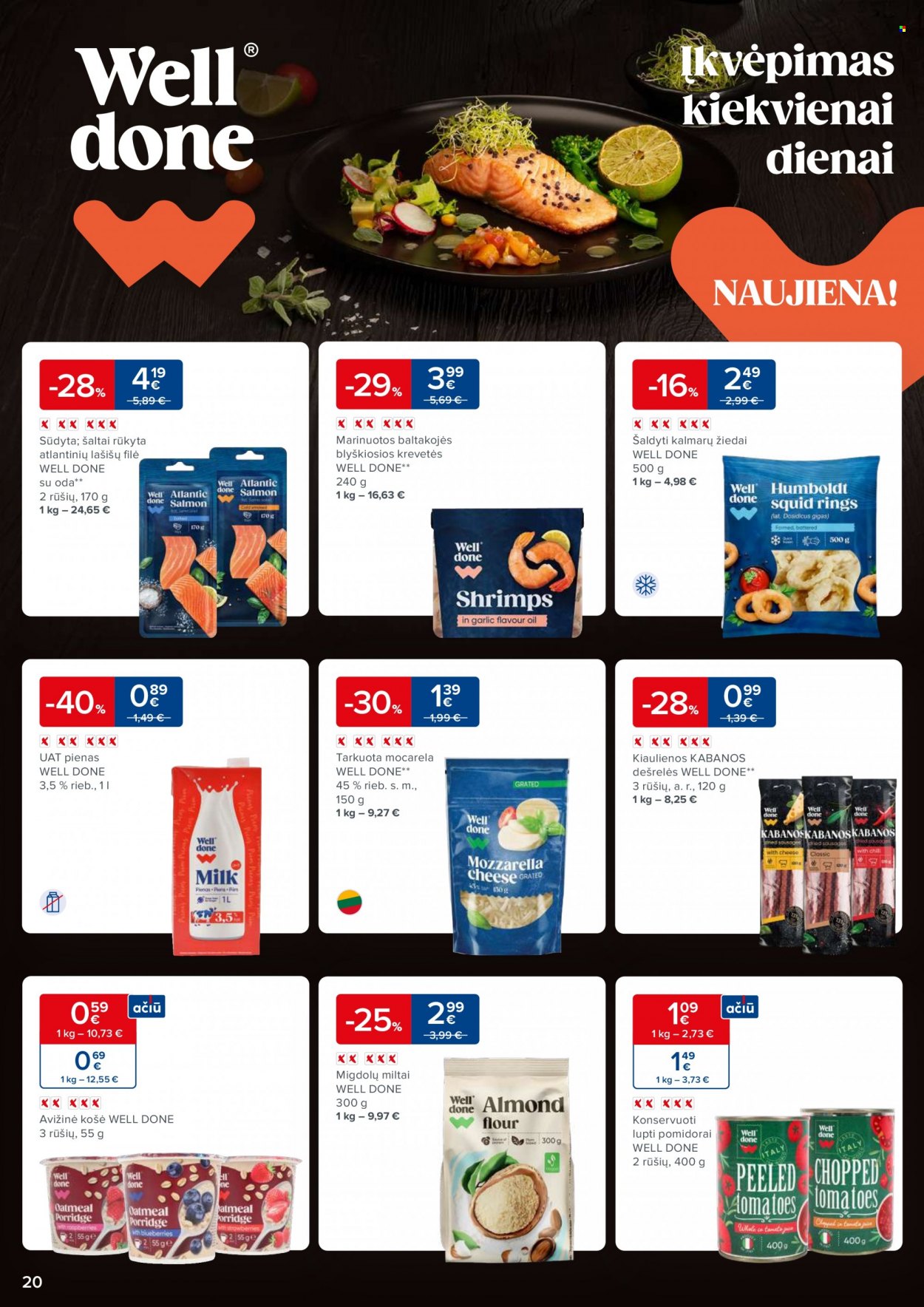 thumbnail - „Maxima“ leidinys - 2023 05 30 - 2023 06 05 - Išpardavimų produktai - pomidorai, lašišų filė, dešrelės, mozzarella, pienas. 20 puslapis.