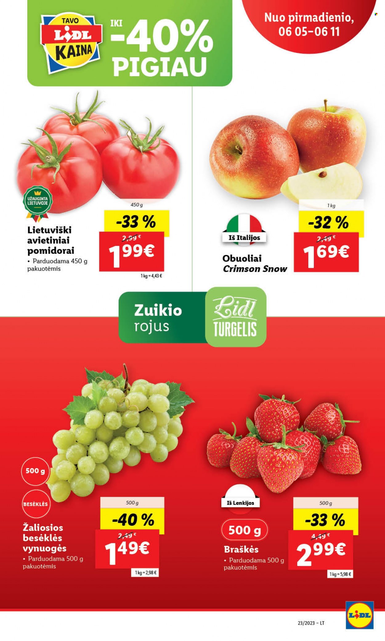 thumbnail - „Lidl“ leidinys - 2023 06 05 - 2023 06 11 - Išpardavimų produktai - pomidorai, braškės, obuolys, vynuogės. 7 puslapis.