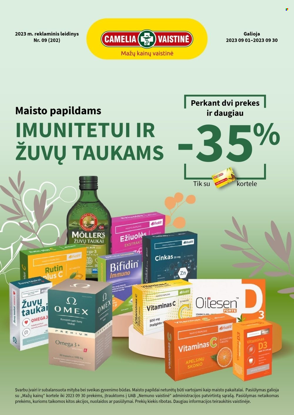 CAMELIA Vaistinė leidinys - 2023 09 01 - 2023 09 30. 1 puslapis.