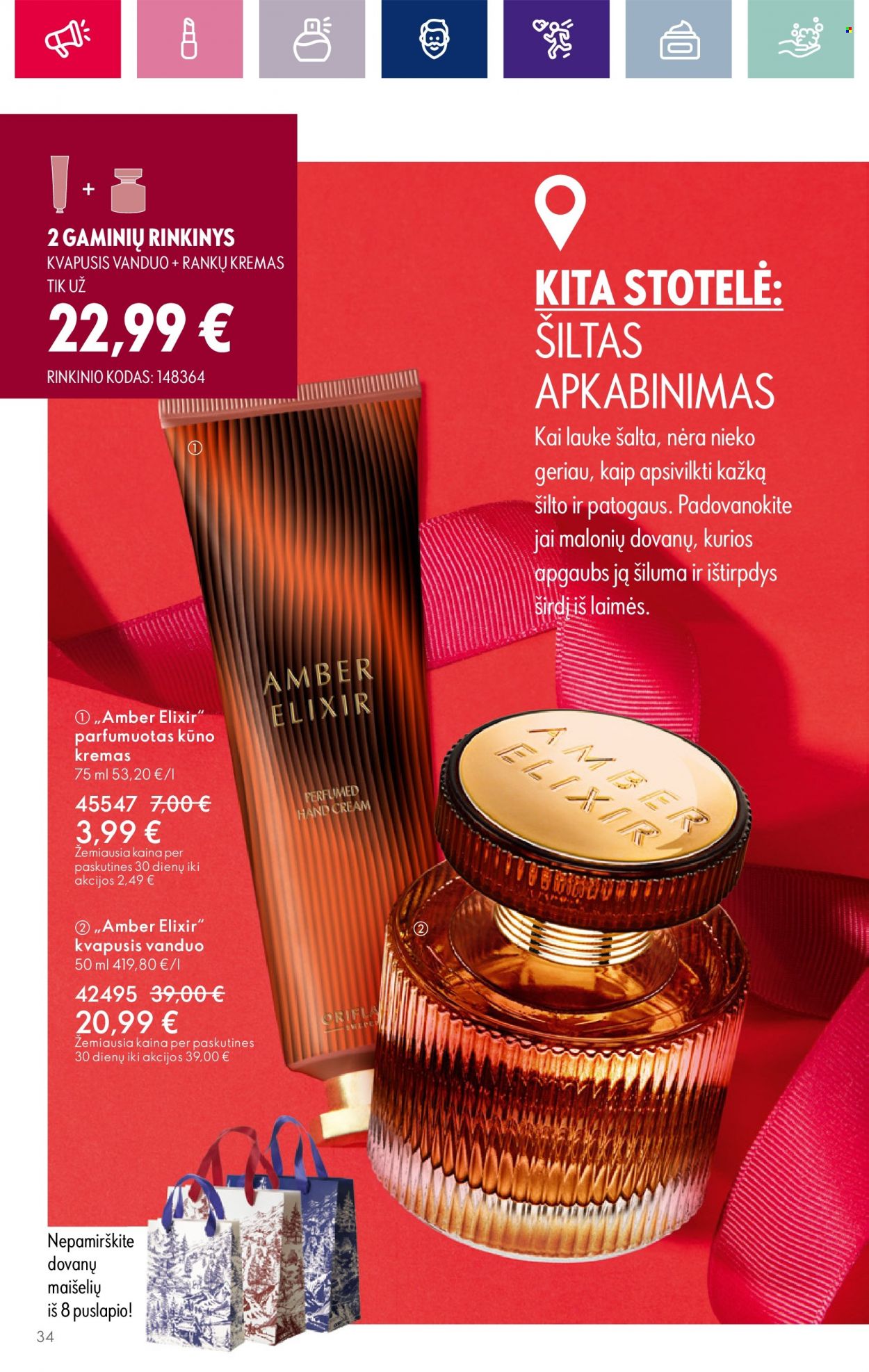 thumbnail - „Oriflame“ leidinys - 2023 11 08 - 2023 11 28 - Išpardavimų produktai - rankų kremas, kremas, kūno kremas, kvapusis vanduo. 34 puslapis.