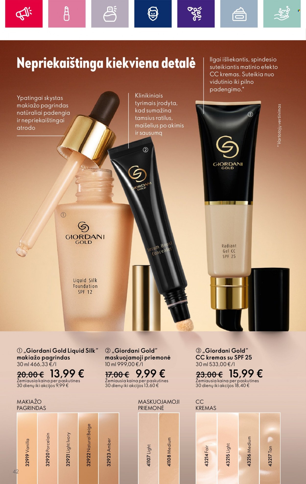 thumbnail - „Oriflame“ leidinys - 2023 11 08 - 2023 11 28 - Išpardavimų produktai - kremas, Giordani Gold, makiažo pagrindas. 42 puslapis.