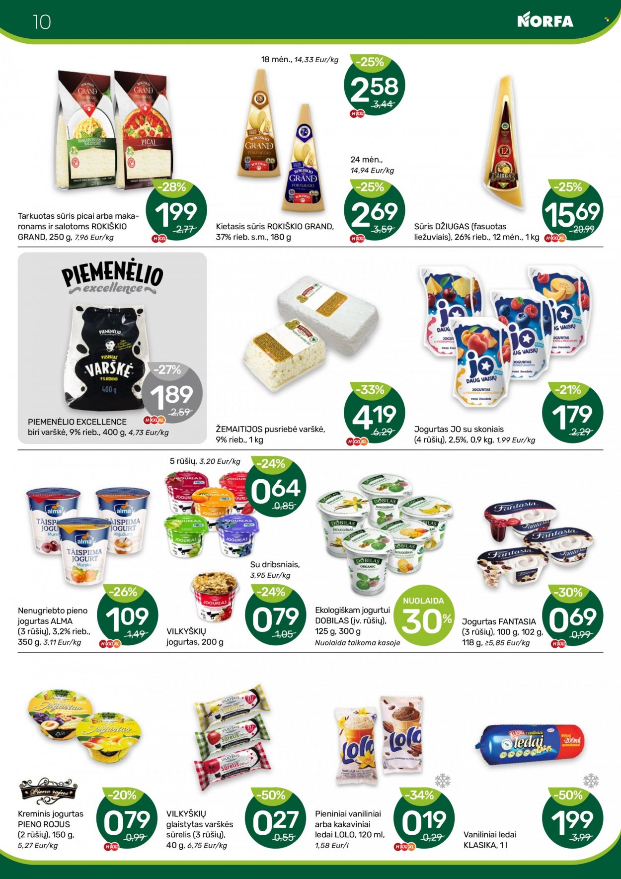 thumbnail - „NORFA“ leidinys - 2023 11 16 - 2023 11 29 - Išpardavimų produktai - sūris, varškei, glaistytas varškės sūrelis, jogurtas, ledai. 10 puslapis.