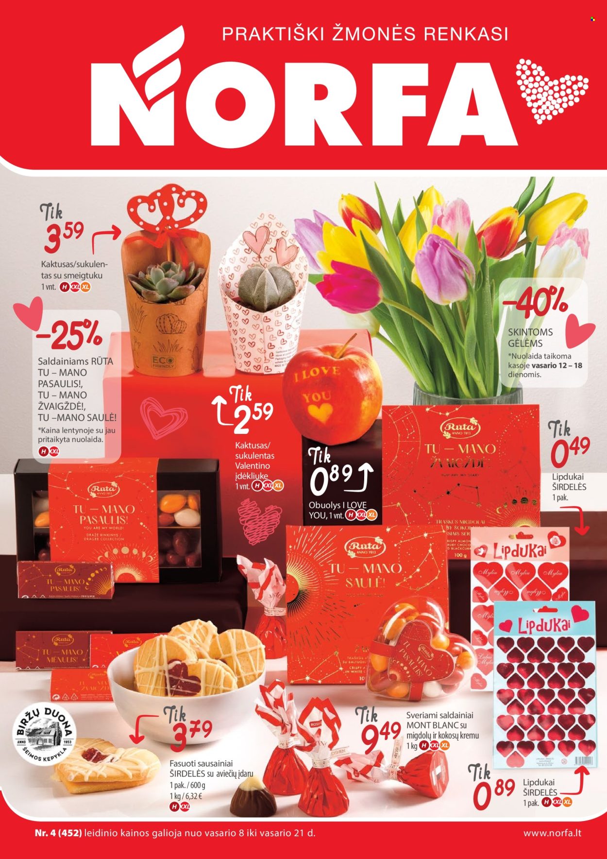 thumbnail - „NORFA“ leidinys - 2024 02 08 - 2024 02 21 - Išpardavimų produktai - duona, sausainiai, obuolys, saldainiai, Valentino, Lipdukai. 1 puslapis.