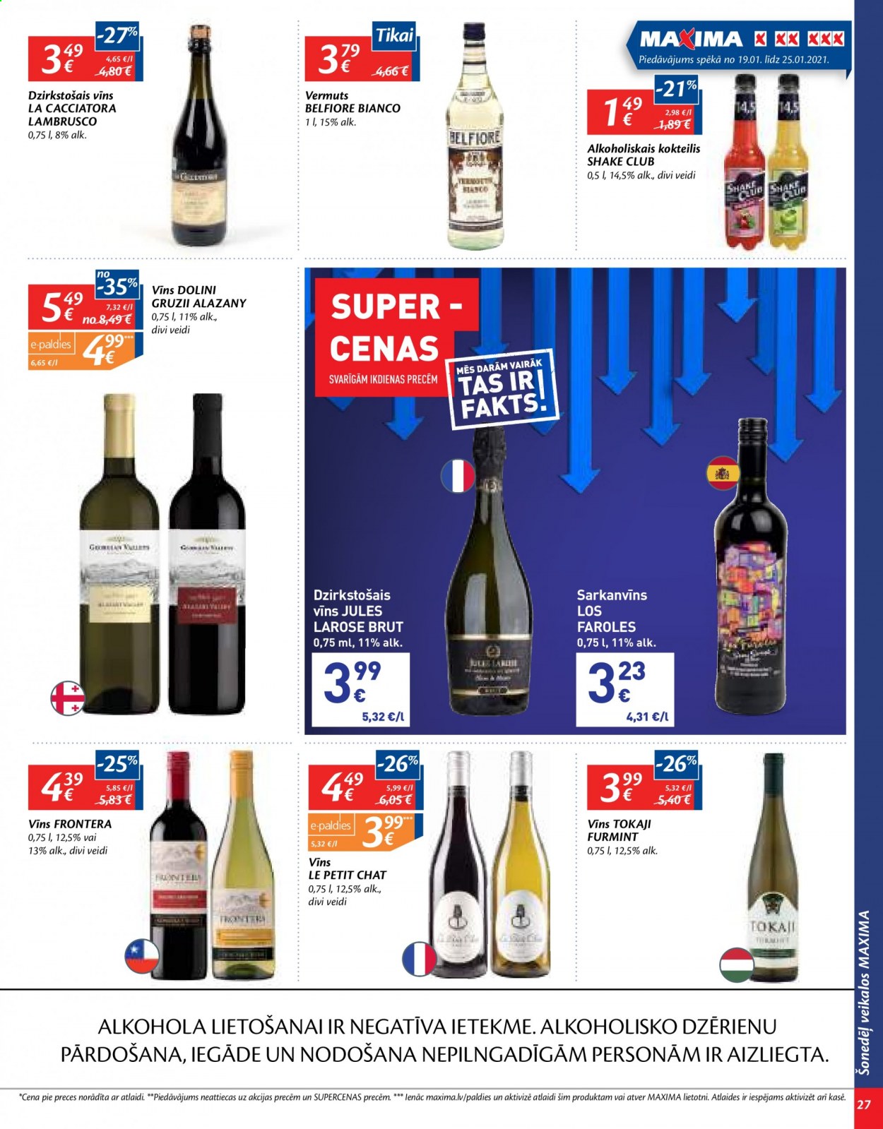 thumbnail - Maxima buklets - 19.01.2021. - 25.01.2021. - Akcijas preces - dzirkstošais vīns, Lambrusco, vīns, sarkanvīns, vermuts. 27. lapa.