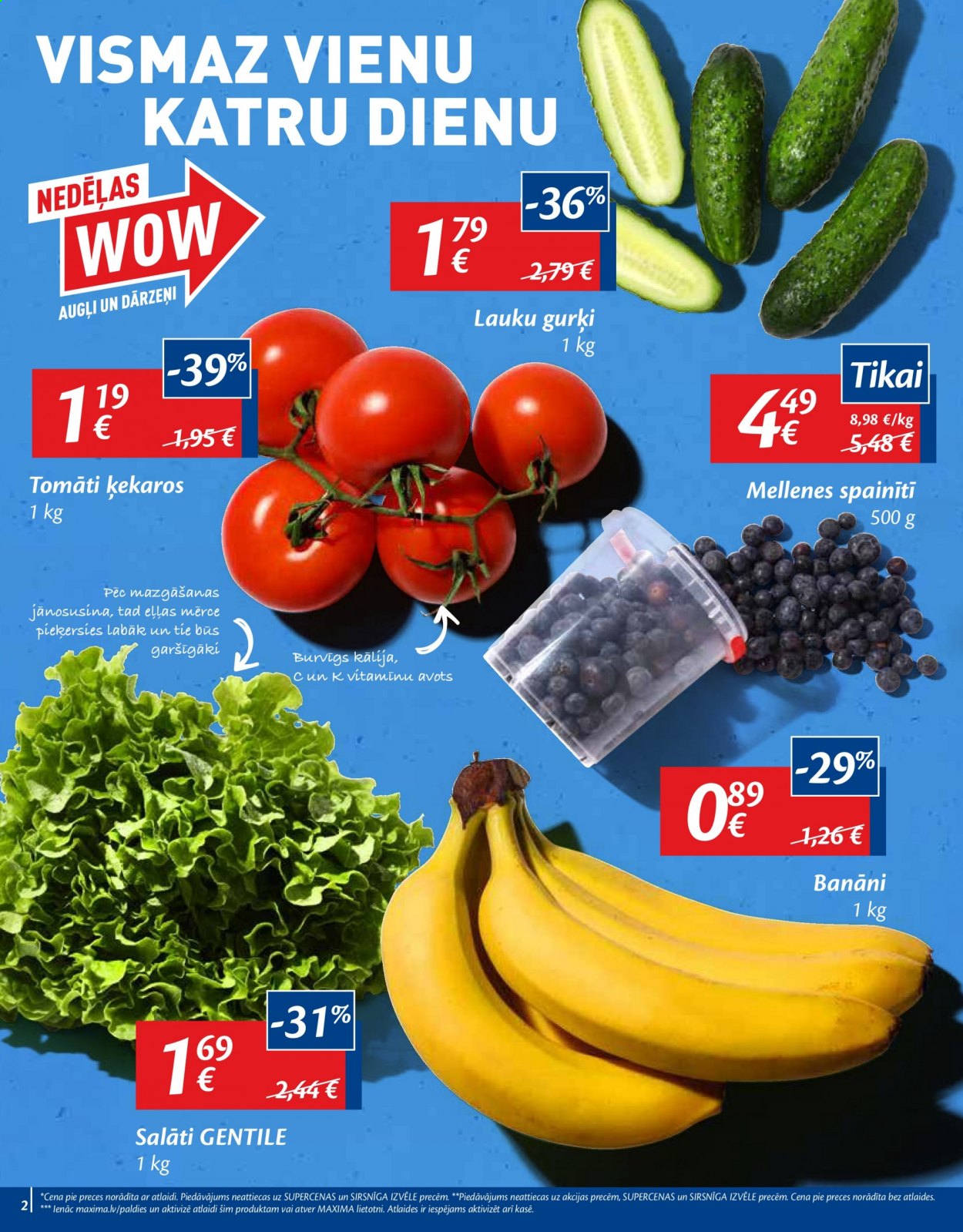 thumbnail - Maxima buklets - 27.04.2021. - 03.05.2021. - Akcijas preces - tomāti, gurķi, banāni, mellenes, salāti, lauku gurķi, mērce. 2. lapa.