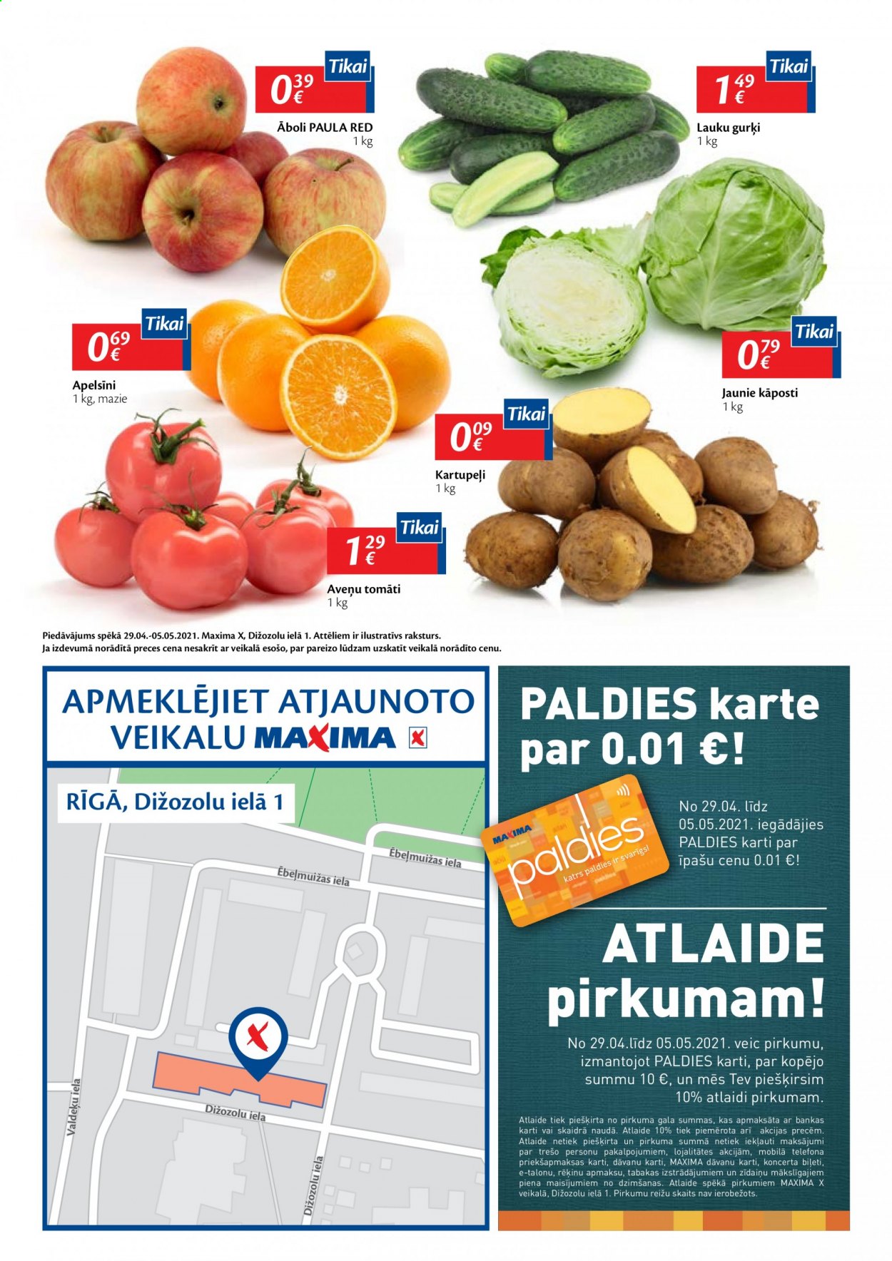 thumbnail - Maxima buklets - 29.04.2021. - 05.05.2021. - Akcijas preces - kāposti, kartupeļi, tomāti, gurķi, āboli, apelsini, lauku gurķi. 4. lapa.