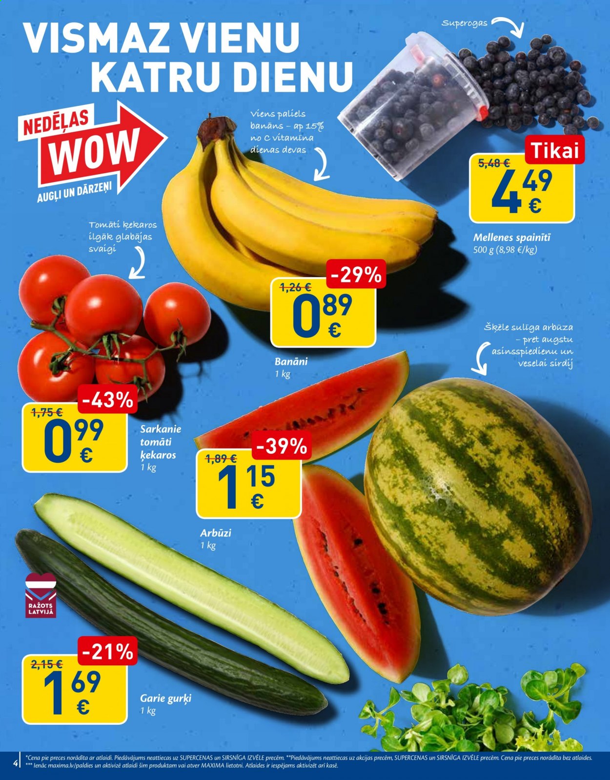 thumbnail - Maxima buklets - 11.05.2021. - 17.05.2021. - Akcijas preces - tomāti, garie gurķi, gurķi, banāni, mellenes, arbūzi. 4. lapa.