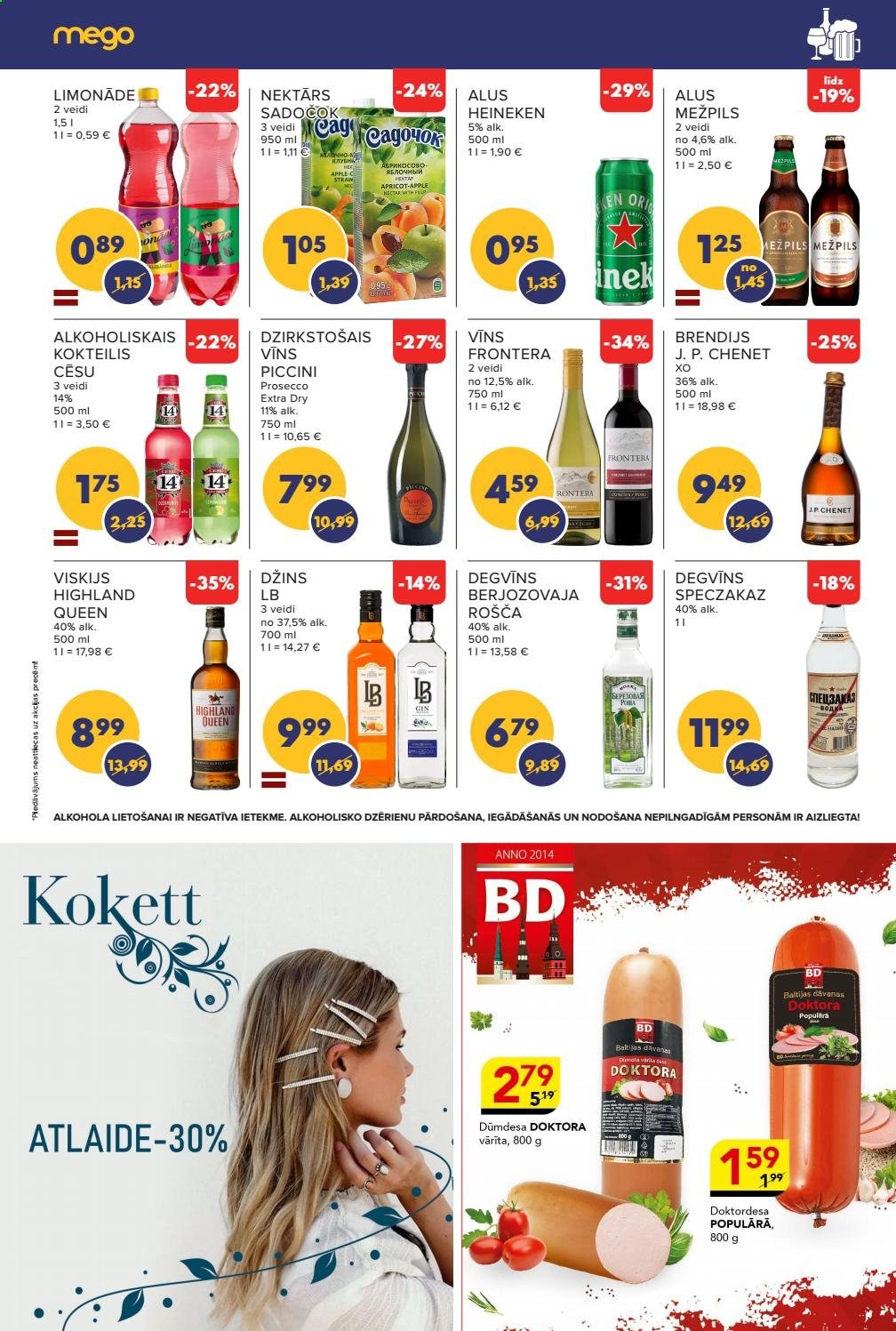 thumbnail - Mego buklets - 17.05.2021. - 23.05.2021. - Akcijas preces - Heineken, alus, limonāde, nektārs, dzirkstošais vīns, J.P. Chenet, Prosecco, vīns, degvīns, džins, viskijs, brendijs. 11. lapa.