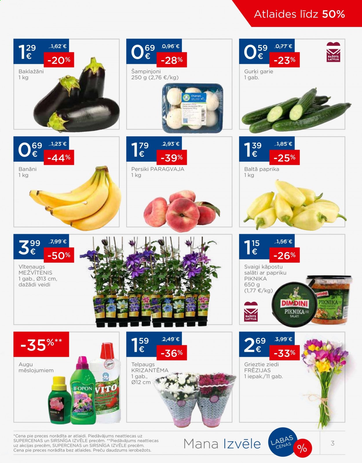 thumbnail - Maxima buklets - 13.07.2021. - 19.07.2021. - Akcijas preces - baklažāni, paprika baltā, paprika, gurķi, banāni, persiki, šampinjoni, salāti, grieztie ziedi, ziedi. 3. lapa.