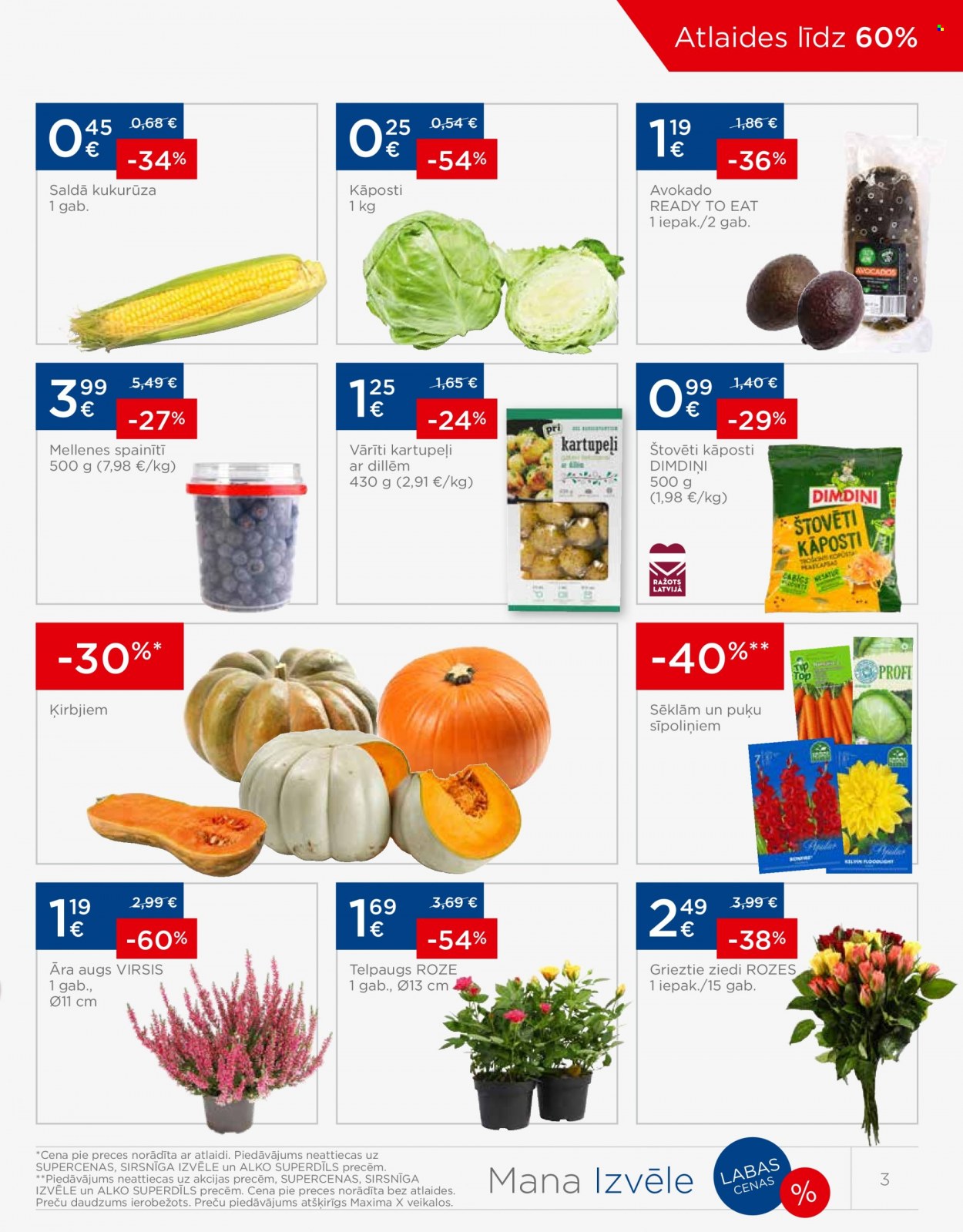 thumbnail - Maxima buklets - 21.09.2021. - 27.09.2021. - Akcijas preces - kāposti, kartupeļi, avokado, kukurūza, mellenes, grieztie ziedi, ziedi, augs, āra augs. 3. lapa.