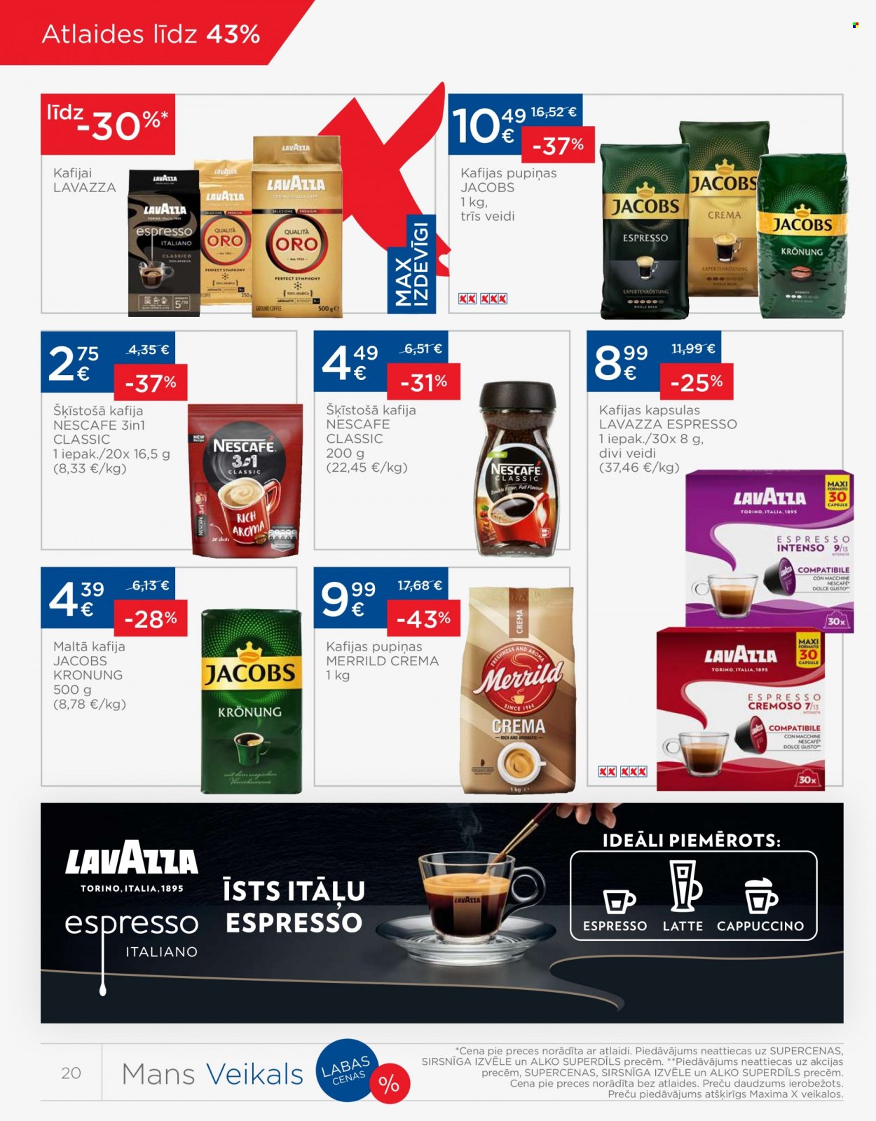 thumbnail - Maxima buklets - 28.09.2021. - 04.10.2021. - Akcijas preces - Jacobs, Jacobs Krönung, kafija, kafijas pupiņas, Lavazza, maltā kafija, šķīstošā kafija. 20. lapa.