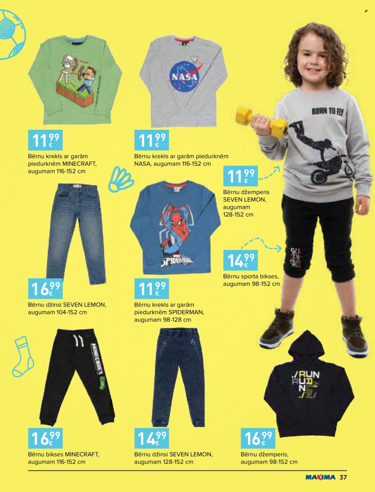 thumbnail - Maxima buklets - 28.07.2022. - 07.09.2022. - Akcijas preces - Spiderman, bikses, džinsi, krekls, bērnu krekls, Minecraft, džemperis. 37. lapa.