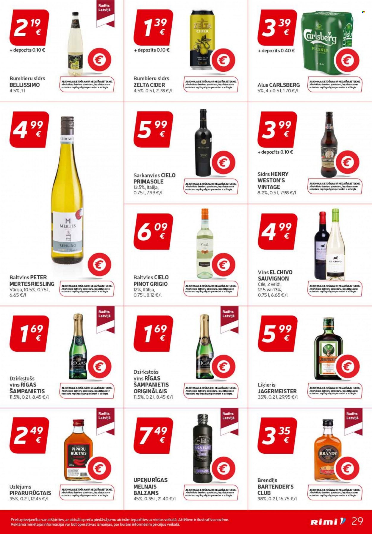 thumbnail - Rimi buklets - Akcijas preces - Carlsberg, sidrs, alus, dzirkstošais vīns, Riesling, vīns, baltvīns, sarkanvīns, liķieris, brendijs, Rīgas Melnais balzams. 29. lapa.
