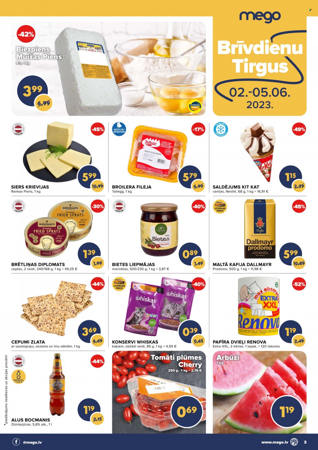 Mego buklets - 29.05.2023. - 04.06.2023. - Akcijas preces - alus, biezpiens, bietes, cepumi, dvieļi, kafija, maltā kafija, nestlé, papīra dvieļi, piens, saldējums, siers, siers krievijas, tomāti, whiskas. 3. lapa.