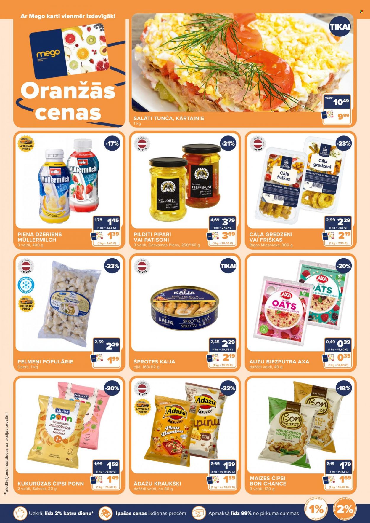 Mego buklets - 29.05.2023. - 04.06.2023. - Akcijas preces - ādažu, biezputra, čipsi, eļļa, kukurūzas čipsi, mam, mango, müllermilch, pelmeņi, piena dzēriens, piens, salāti, šprotes eļļā. 9. lapa.