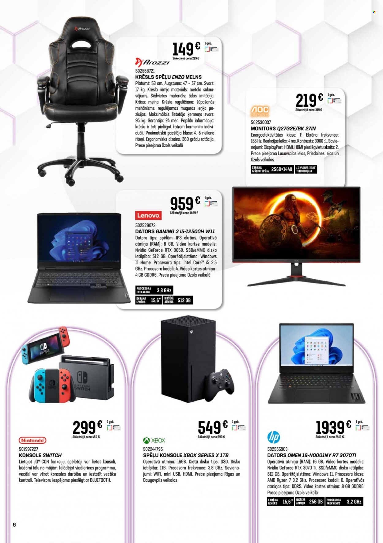 thumbnail - K-Senukai buklets - 09.11.2023. - 04.12.2023. - Akcijas preces - Nintendo, Hewlett Packard, krēsli, krāsa, spēļu konsole. 8. lapa.