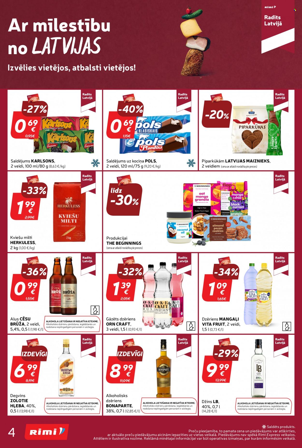 thumbnail - Rimi buklets - 21.11.2023. - 27.11.2023. - Akcijas preces - Cēsu Brūža, alus, Craft, kviešu milti, Karlsons, saldējums, džins, degvīns. 4. lapa.