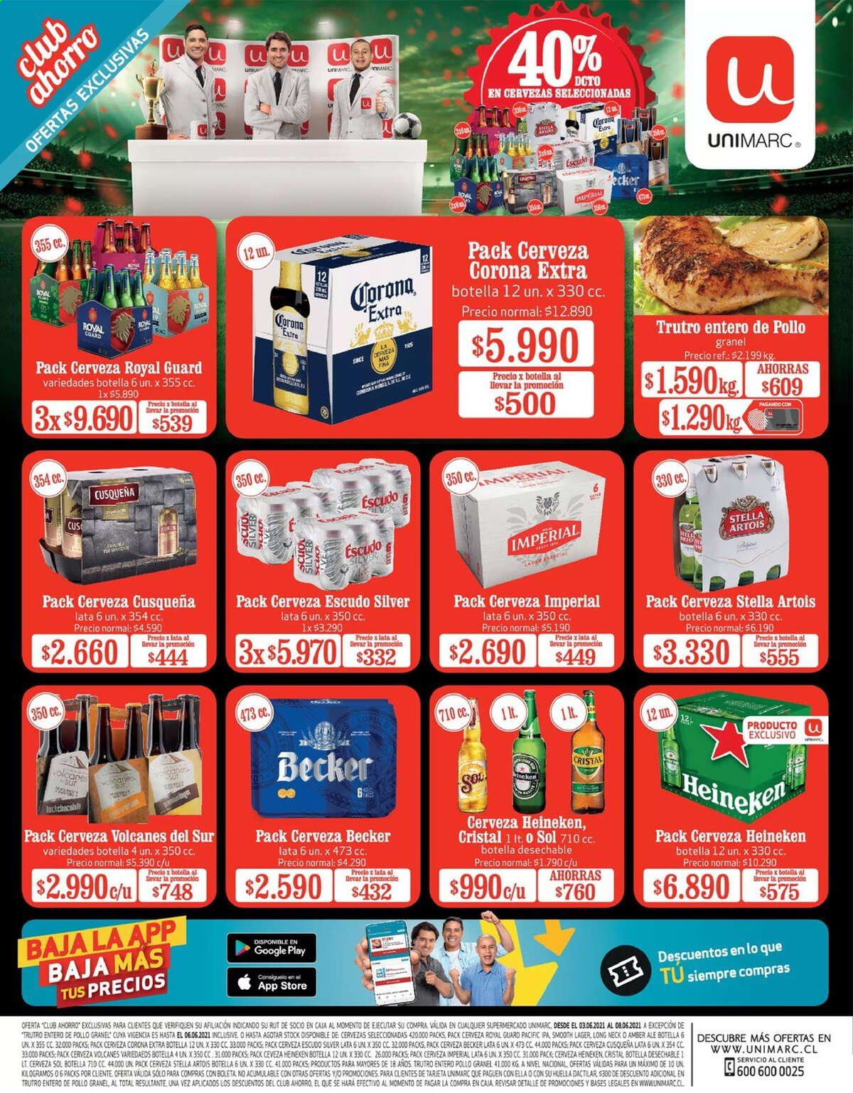 thumbnail - Catálogo Unimarc - 03.06.2021 - 08.06.2021 - Ventas - Heineken, Stella Artois, Corona, cerveza Imperial, pollo. Página 1.