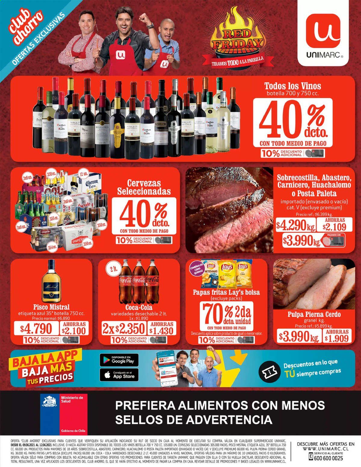 thumbnail - Catálogo Unimarc - 09.06.2021 - 12.06.2021 - Ventas - Corona, cerveza, papa, papas fritas, Lays, Coca-cola, bolso. Página 1.