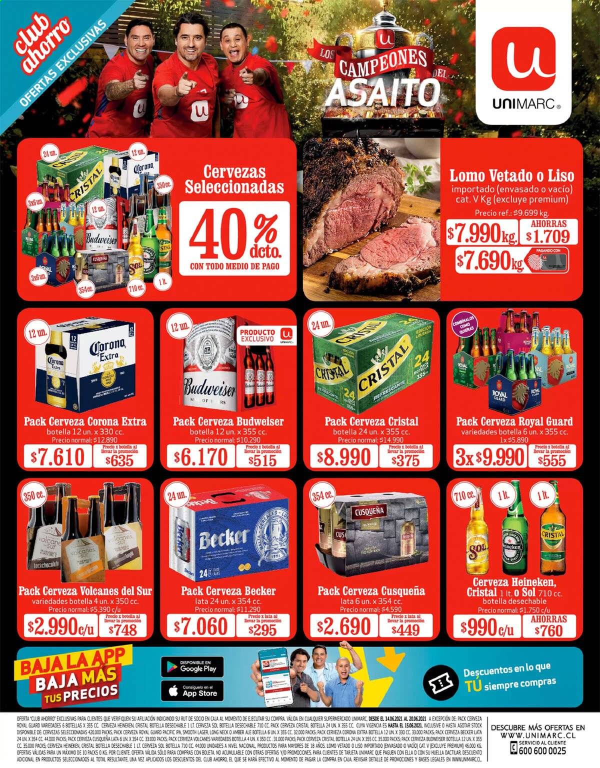 thumbnail - Catálogo Unimarc - 14.06.2021 - 20.06.2021 - Ventas - Budweiser, Heineken, Corona, cerveza Cristal, lomo. Página 1.