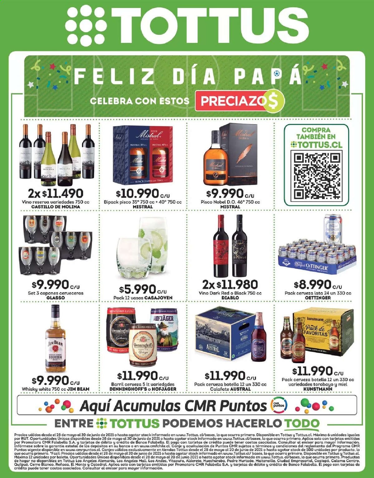thumbnail - Catálogo Tottus - 28.05.2021 - 20.06.2021 - Ventas - papa, vino, Castillo, Jim Beam, whisky, vaso. Página 1.