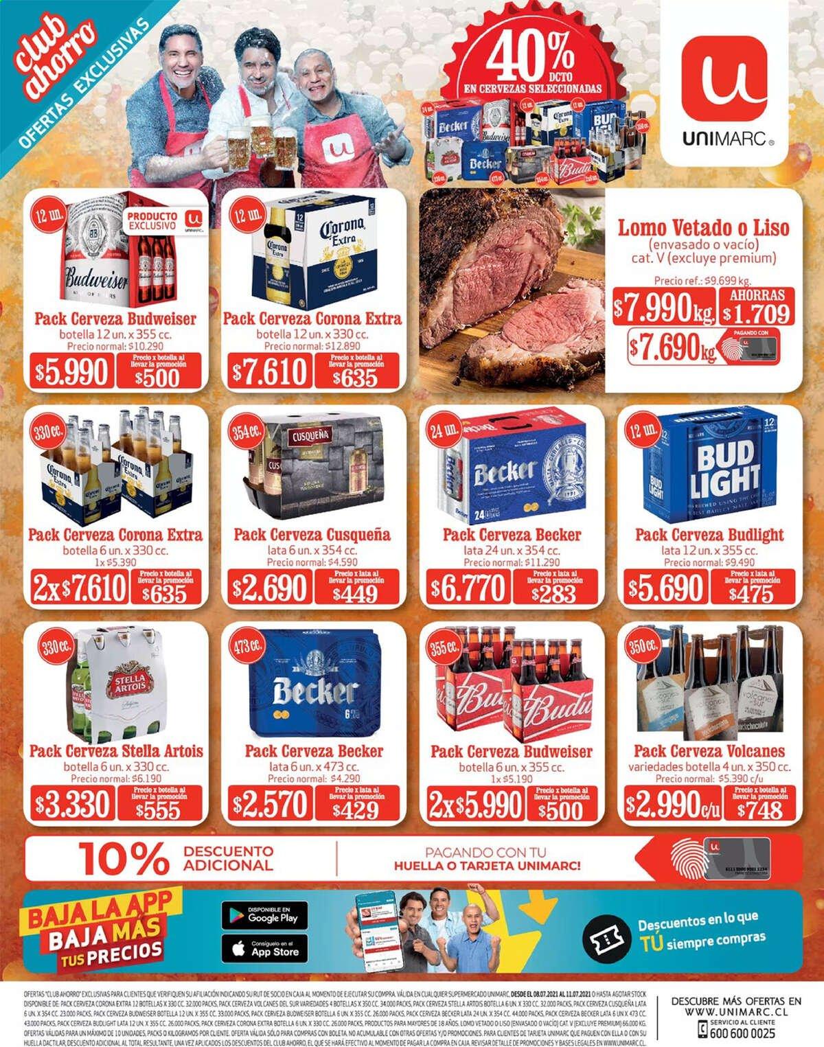 thumbnail - Catálogo Unimarc - 08.07.2021 - 11.07.2021 - Ventas - Budweiser, Stella Artois, Corona, cerveza, lomo. Página 1.