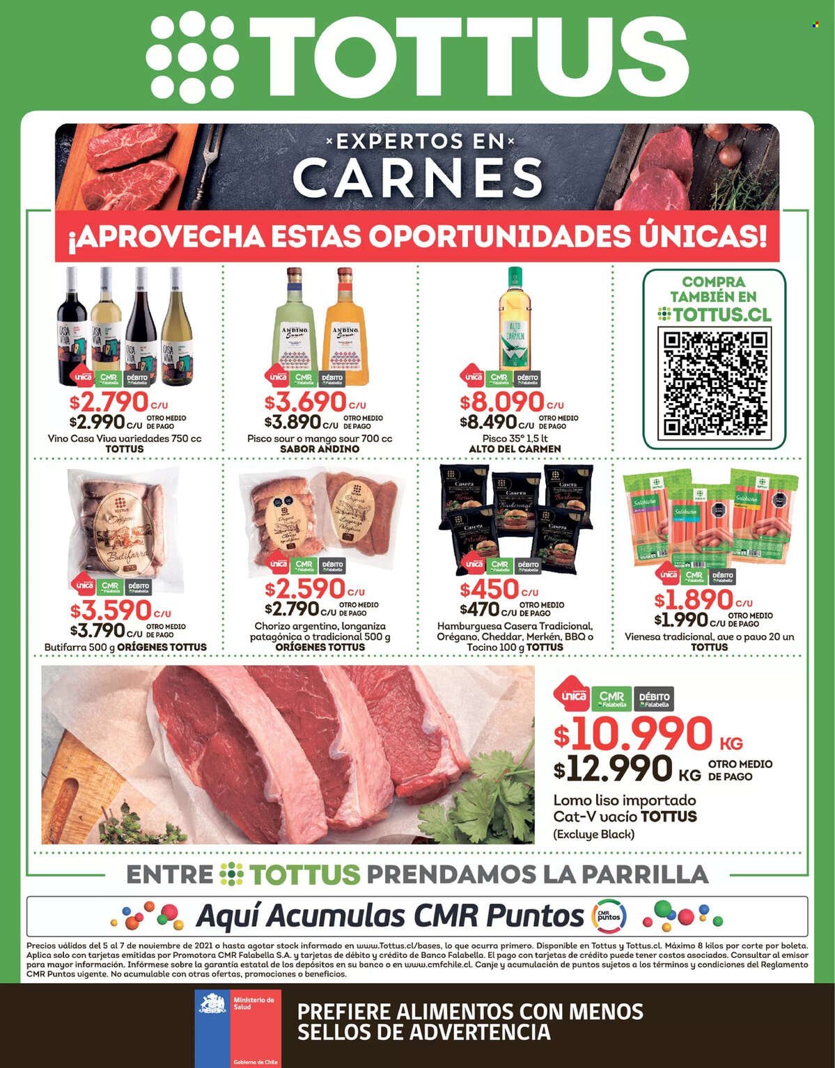 thumbnail - Catálogo Tottus - 05.11.2021 - 07.11.2021 - Ventas - lomo, hamburguesa, chorizo, cheddar, vino. Página 1.