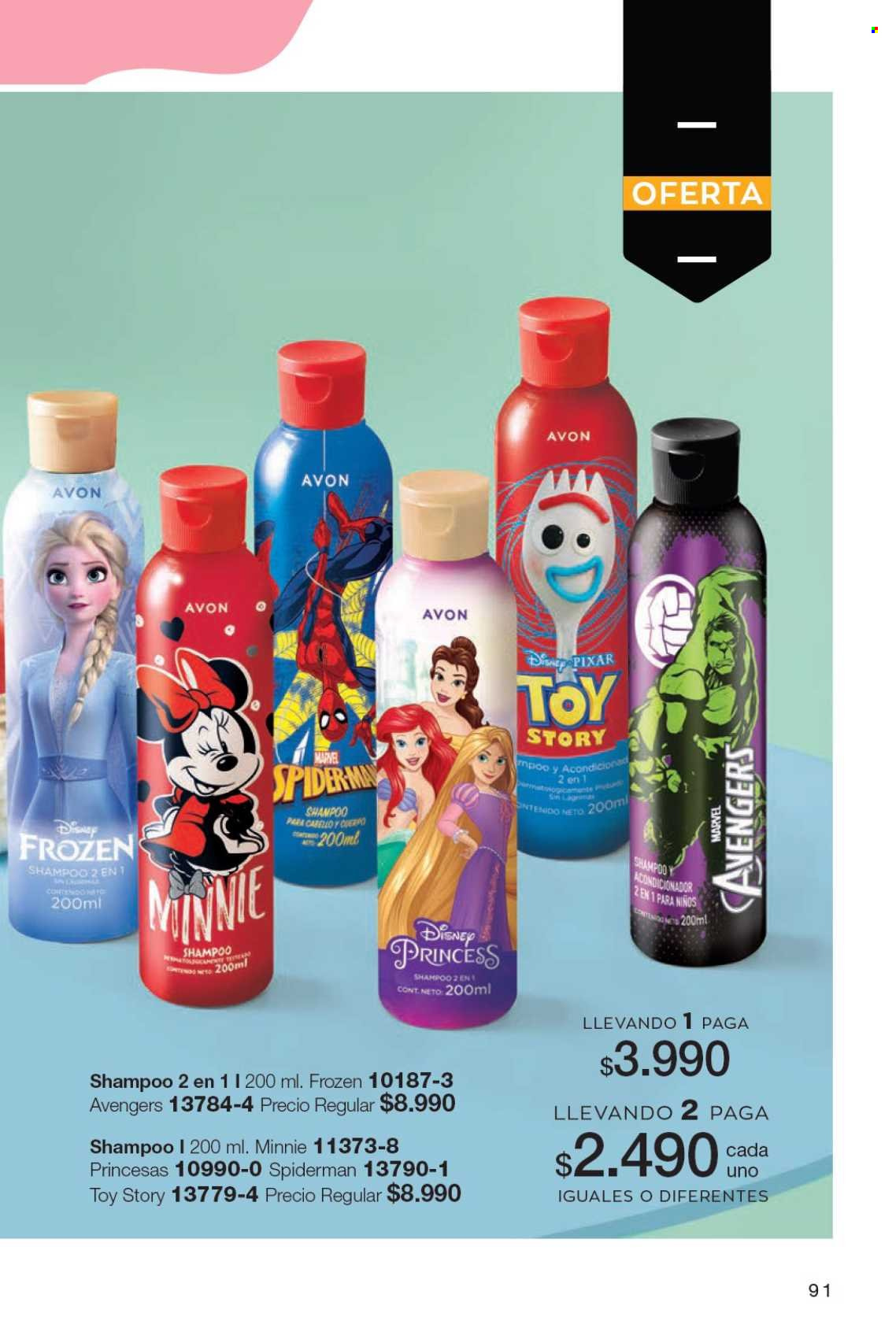 thumbnail - Catálogo Avon - Ventas - Marvel, champú, Frozen, acondicionador, shampoo y acondicionador, Disney, Spiderman, Minnie. Página 91.