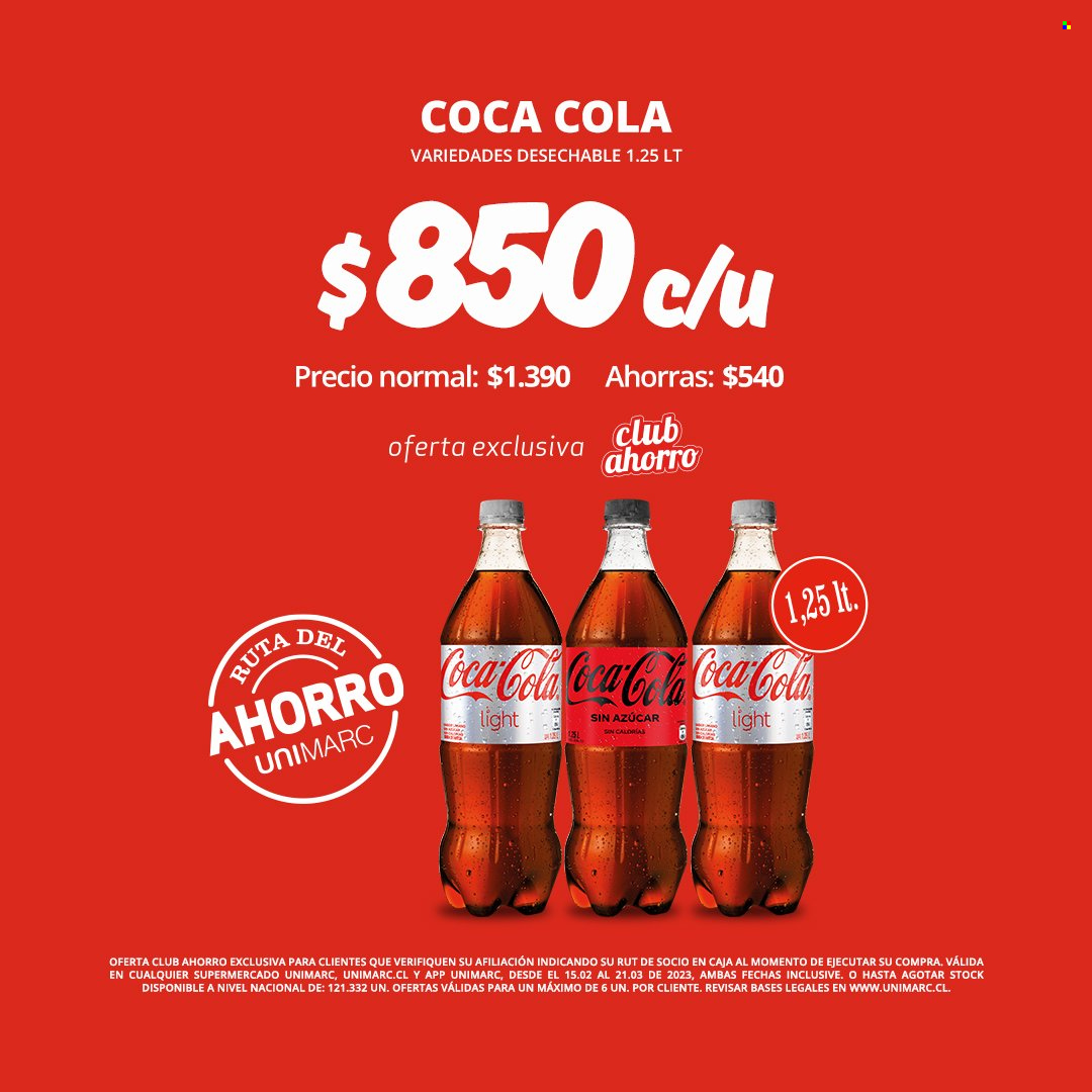 thumbnail - Catálogo Unimarc - 15.02.2023 - 21.03.2023 - Ventas - refresco, bebida, Coca-cola, Coca-Cola Light. Página 1.