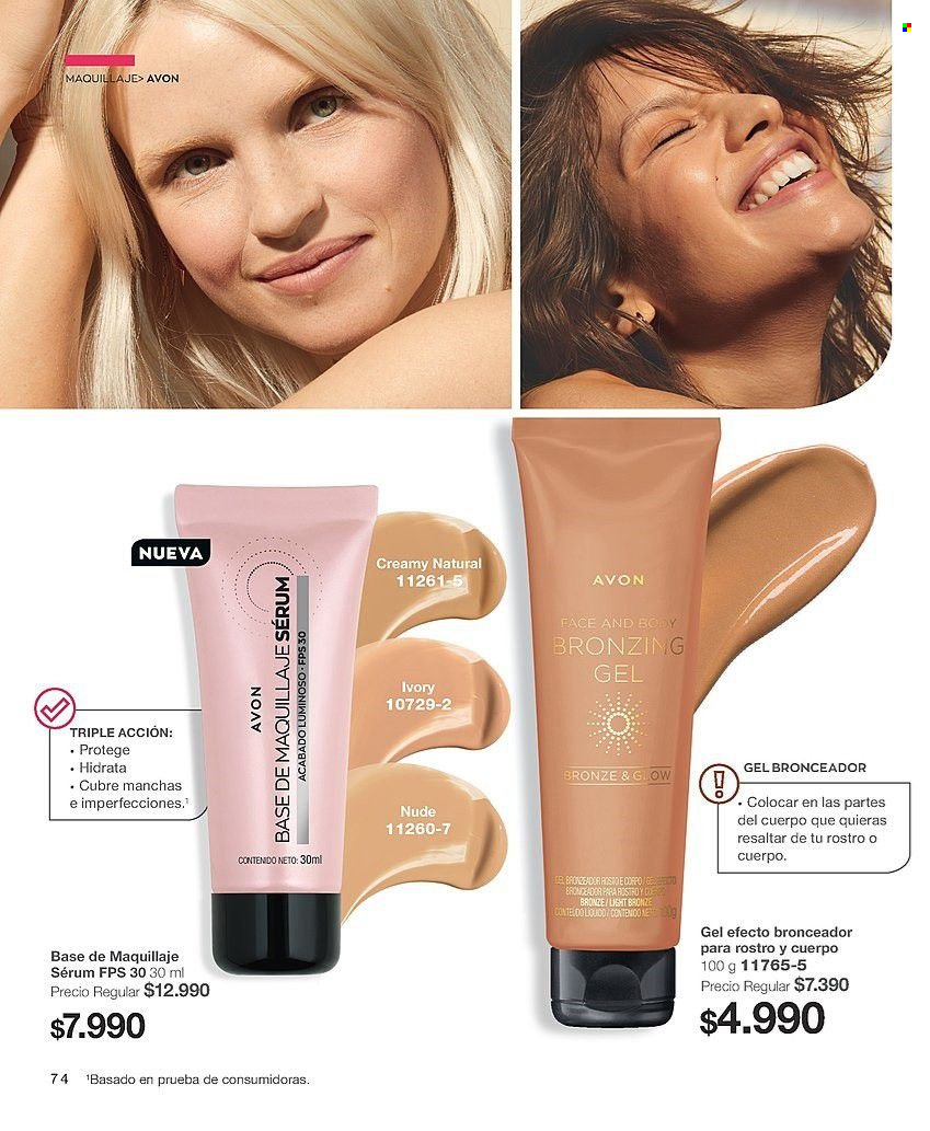 thumbnail - Catálogo Avon - Ventas - base de maquillaje, serum, protector solar, autobronceadora. Página 74.
