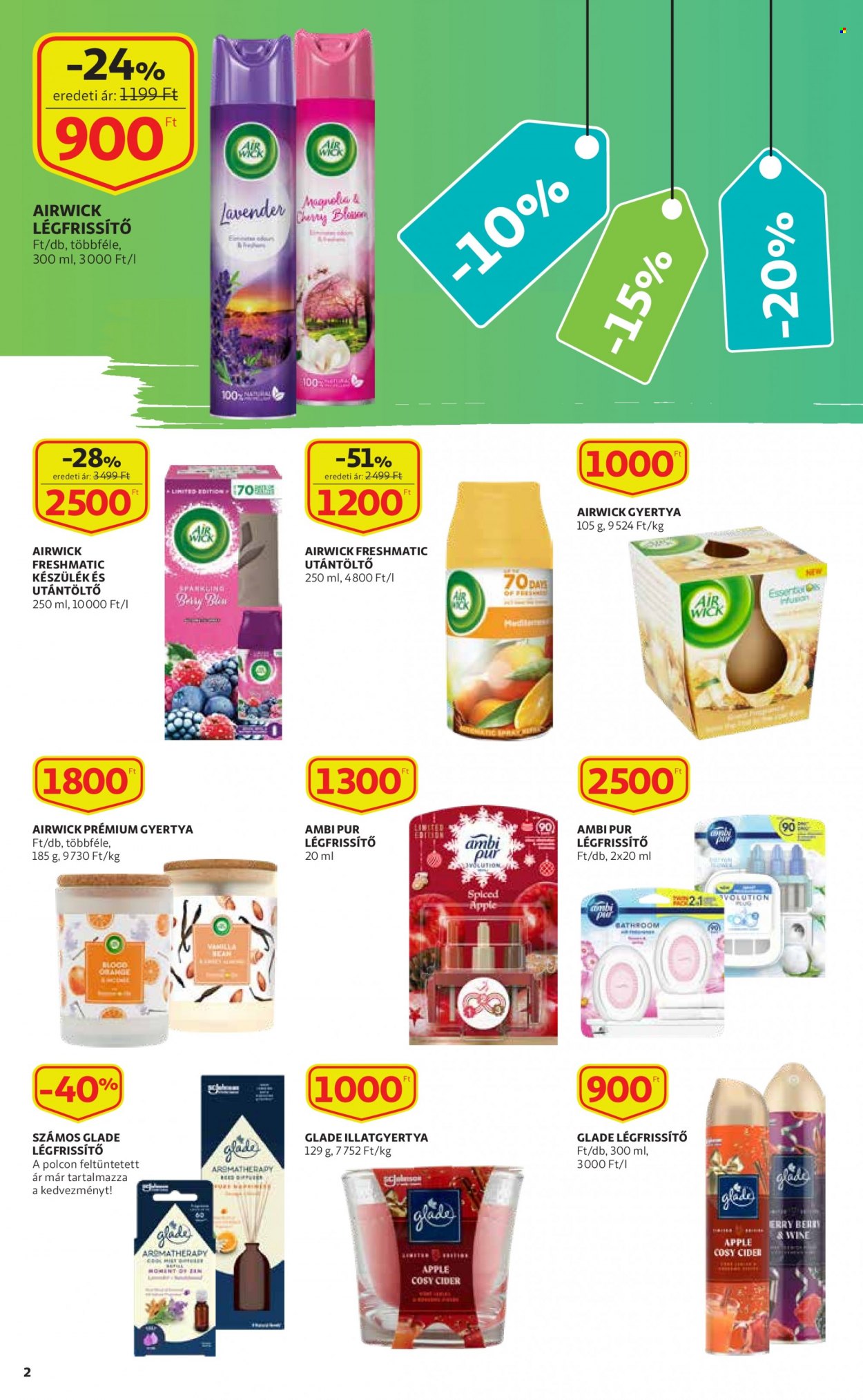 thumbnail - Auchan akciós újsága  - 2023.03.16 - 2023.03.29 - Akciós termékek - cider, Pur, pad, Glade, gyertya, illatgyertya, Ambi Pur, Apple, magnoliák.  2. Oldal