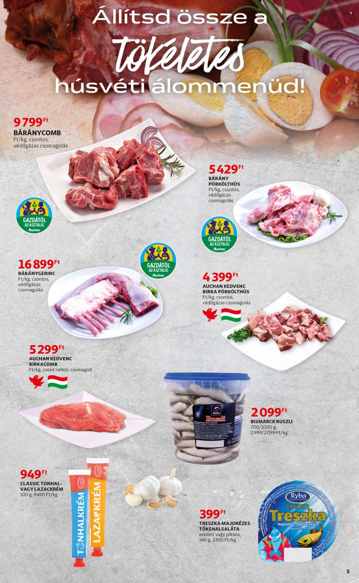 thumbnail - Auchan akciós újsága  - 2023.03.23 - 2023.03.29 - Akciós termékek - pörkölthús, bárány pörkölthús, báránygerinc, bárányhús, báránycomb, tonhal, lazac paté, majonéz, cukor.  5. Oldal