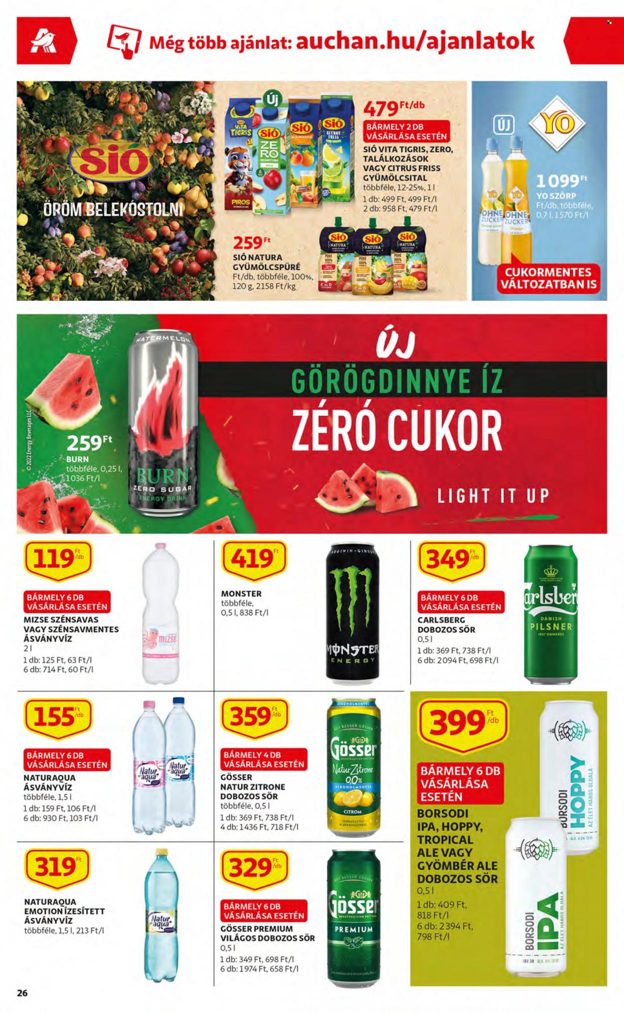 thumbnail - Auchan akciós újsága  - 2023.03.23 - 2023.03.29 - Akciós termékek - görögdinnye, lime, gyömbérsör, sör, Gösser, dobozos sör, Borsodi, szirup, gyümölcsital, Monster, energy drink, ásványvíz, NaturAqua, Mizse, gyümölcspüré.  26. Oldal
