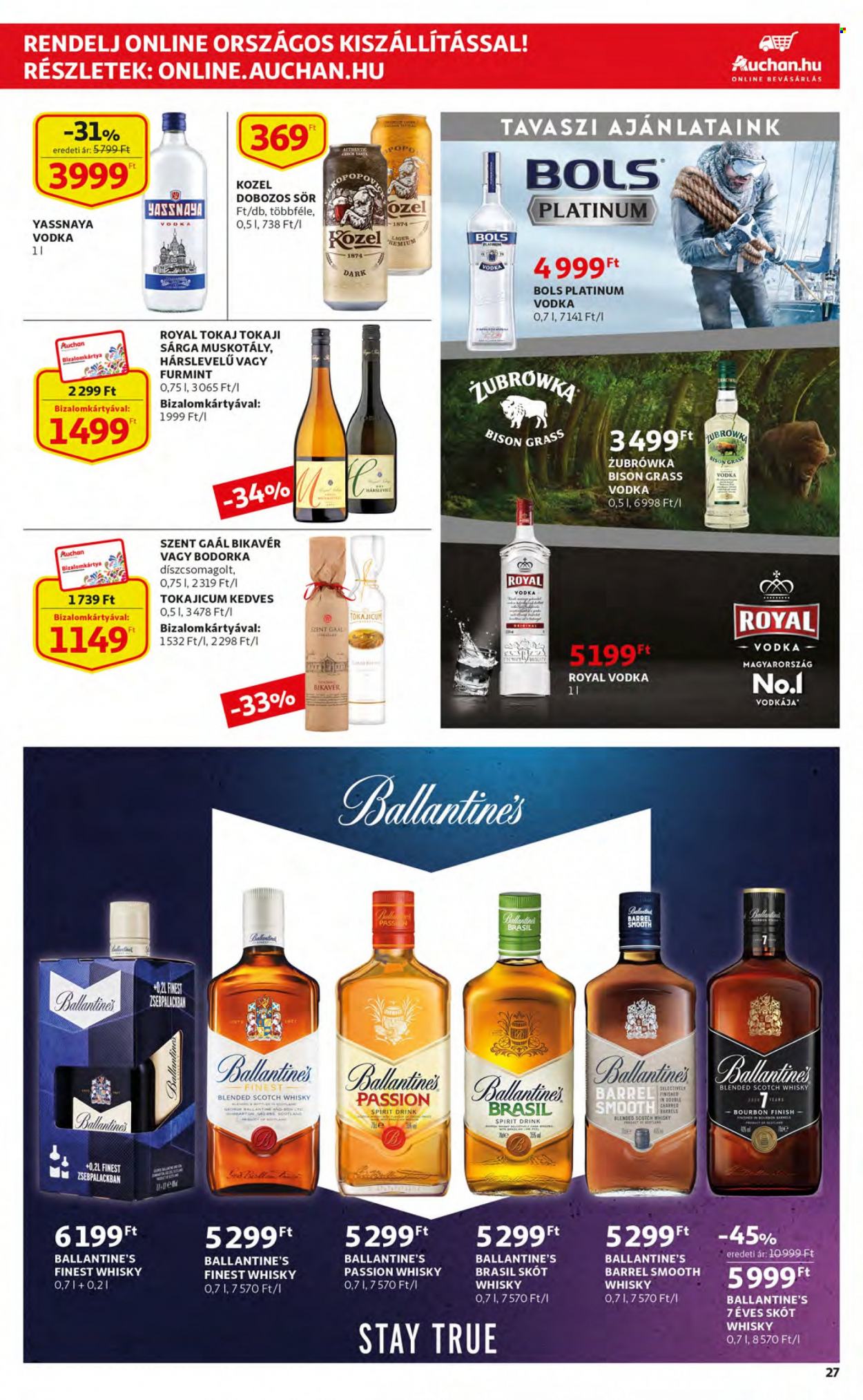 thumbnail - Auchan akciós újsága  - 2023.03.23 - 2023.03.29 - Akciós termékek - sör, dobozos sör, Tokaji, bourbon, scotch whisky, vodka, whisky, Zubrowka, Royal Original, Finish.  27. Oldal