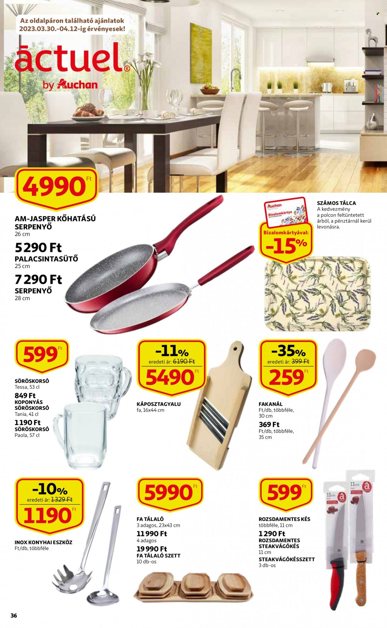 thumbnail - Auchan akciós újsága  - 2023.03.30 - 2023.04.08 - Akciós termékek - Fa, kés, serpenyő, tálca, tálaló.  36. Oldal