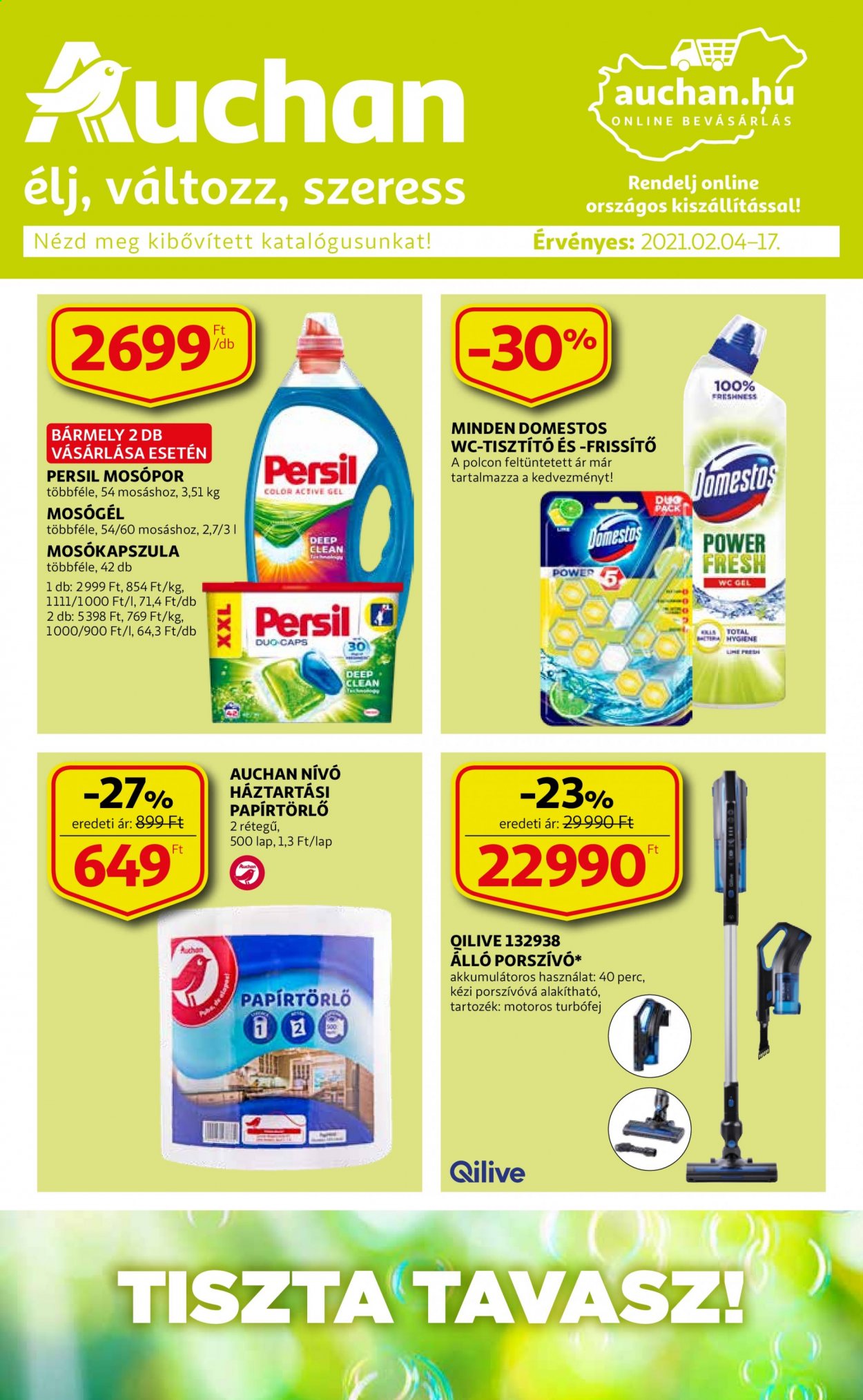 thumbnail - Auchan akciós újsága  - 2021.02.04 - 2021.02.17 - Akciós termékek - tisztító, mosógél, Persil, porszívó, álló porszívó.  1. Oldal