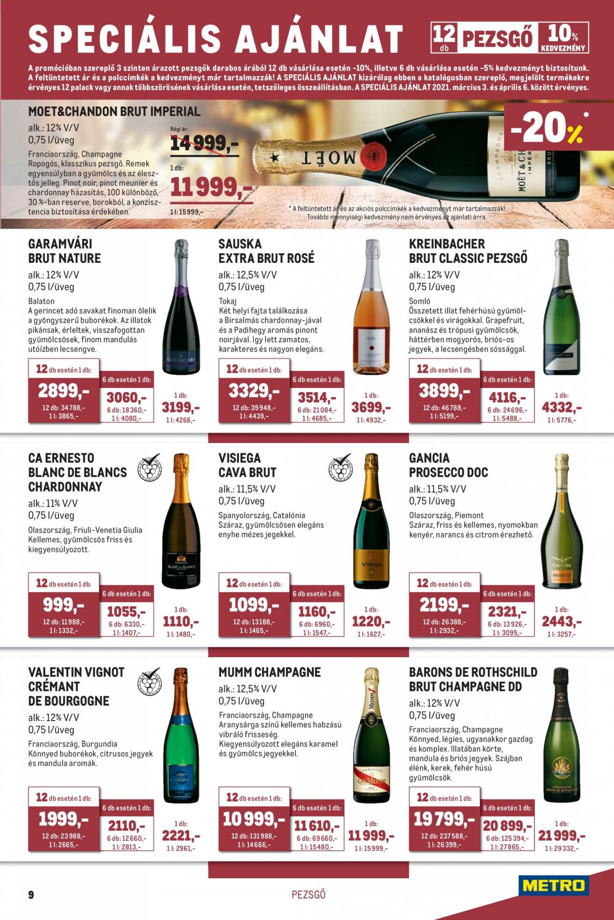 thumbnail - Metro akciós újsága  - 2021.03.03 - 2021.04.06 - Akciós termékek - Balaton, champagne, pezsgő, Pinot Noir, prosecco, Chardonnay, Moët & Chandon.  9. Oldal