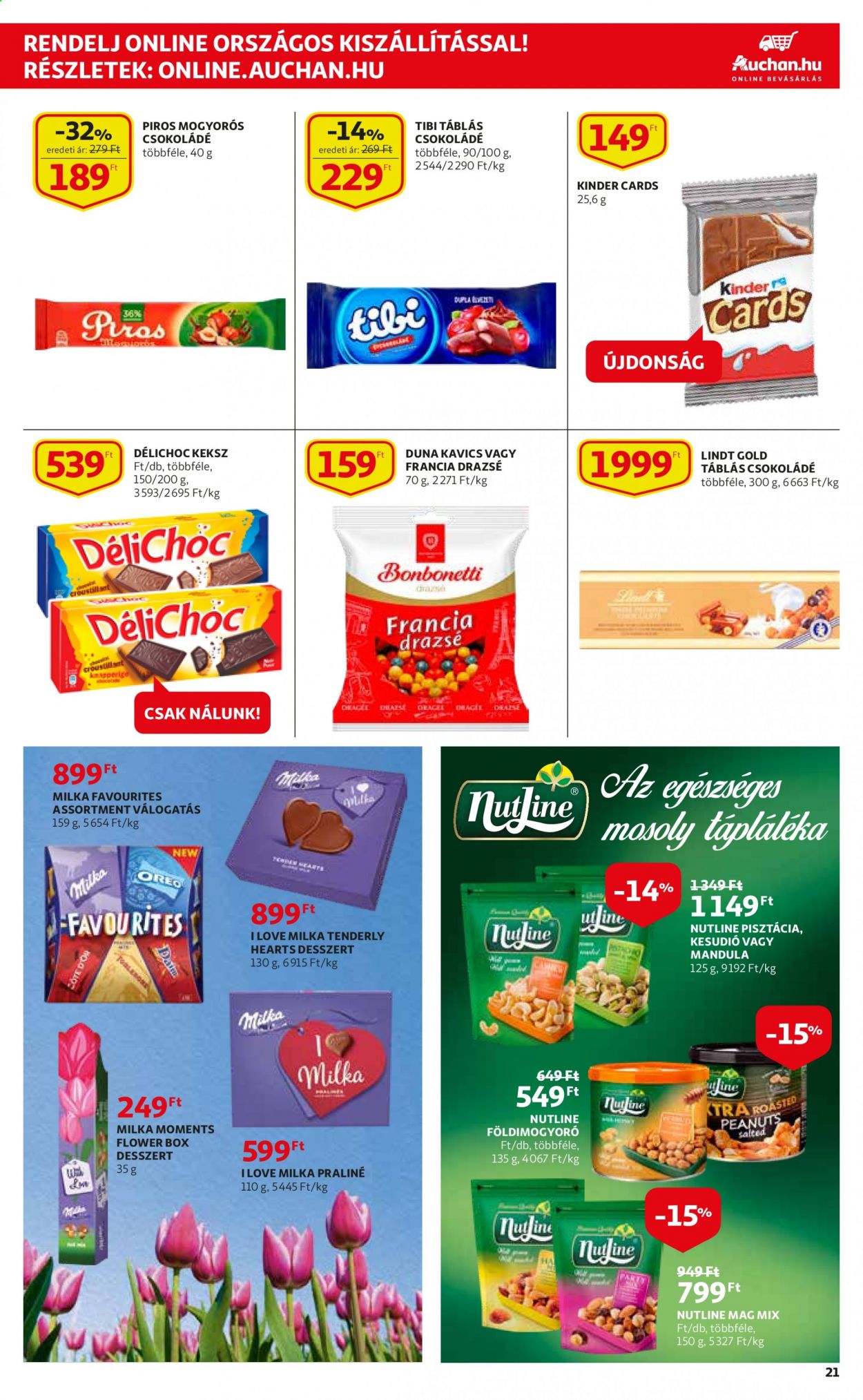 thumbnail - Auchan akciós újsága  - 2021.03.04 - 2021.03.10 - Akciós termékek - Milka, Oreo, csokoládé, keksz, kesudió, mandula, pisztácia, földimogyoró.  21. Oldal
