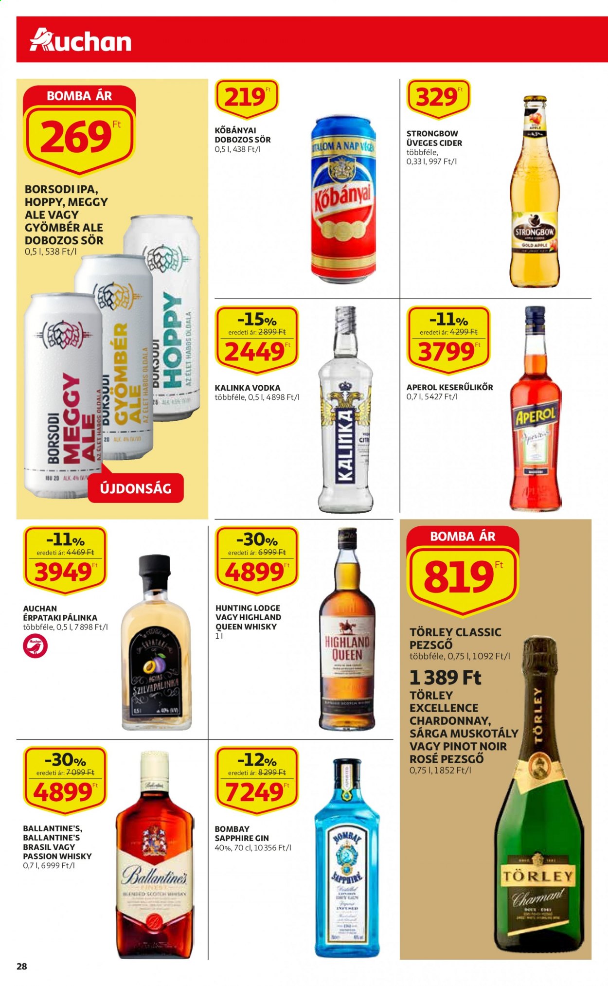 thumbnail - Auchan akciós újsága  - 2021.03.04 - 2021.03.10 - Akciós termékek - meggy, gyömbér, pezsgő, Pinot Noir, Chardonnay, cider, gin, pálinka, scotch whisky, vodka, whisky, Aperol.  28. Oldal