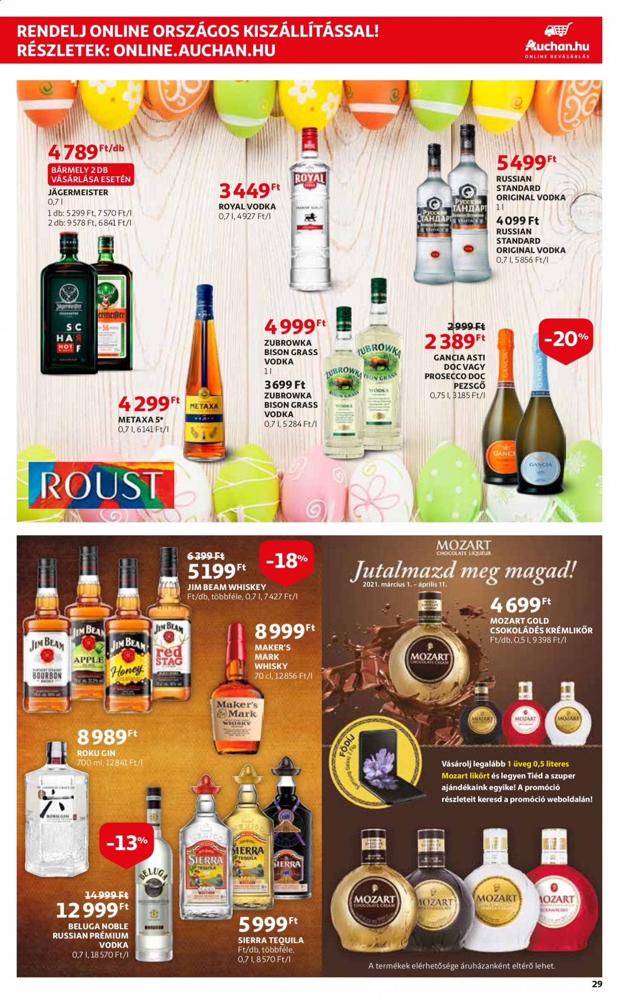 thumbnail - Auchan akciós újsága  - 2021.03.04 - 2021.03.10 - Akciós termékek - pezsgő, prosecco, bourbon, gin, Metaxa, Tequila, vodka, whisky, Jägermeister, Jim Beam.  29. Oldal