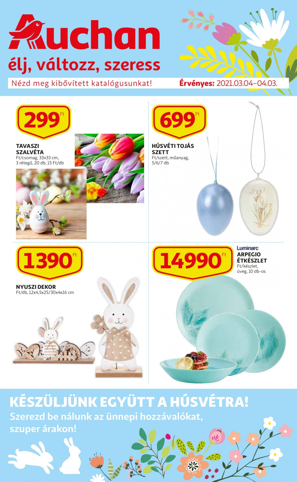 thumbnail - Auchan akciós újsága  - 2021.03.04 - 2021.04.03 - Akciós termékek - húsvéti tojás, szalvéta.  1. Oldal