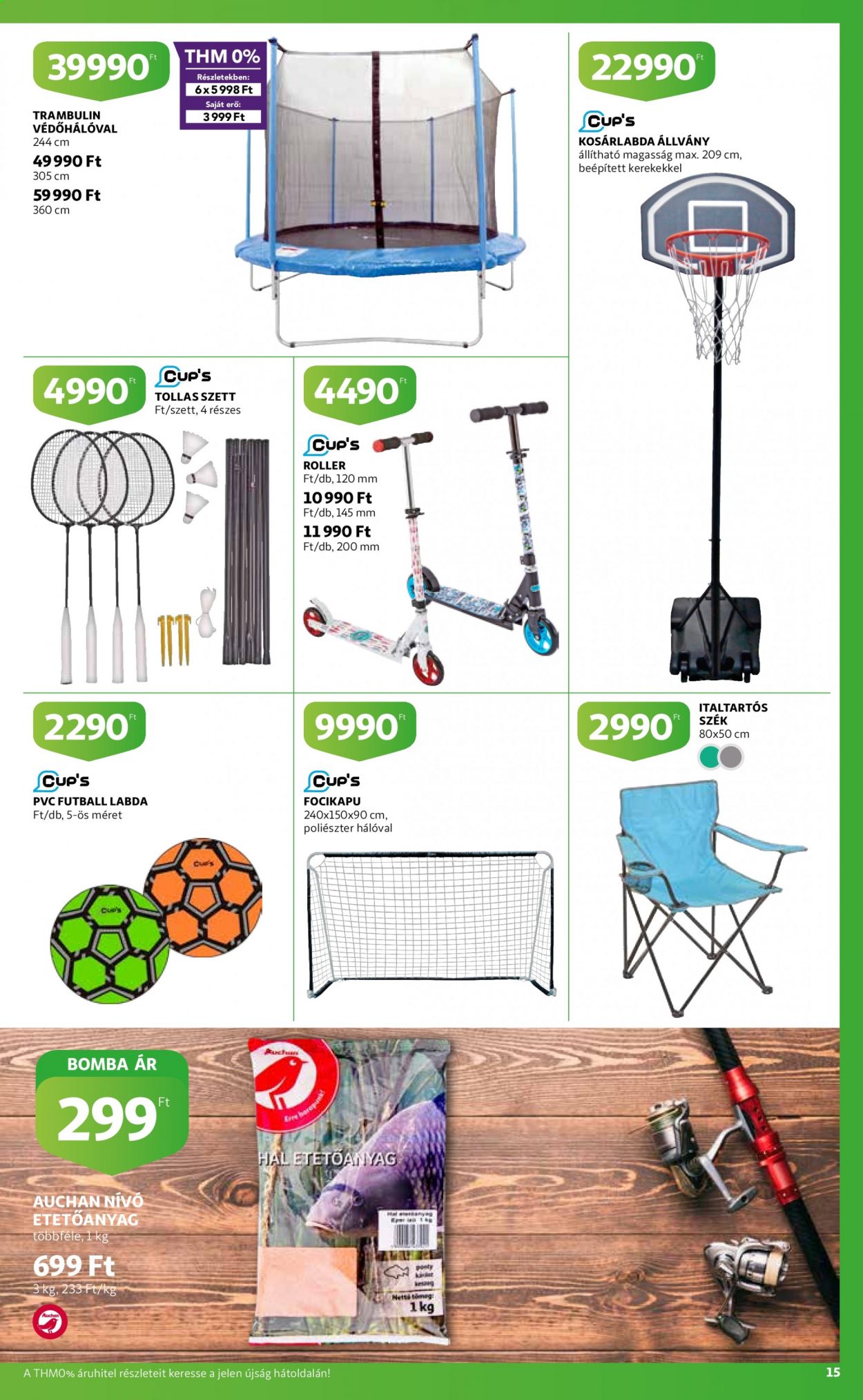 thumbnail - Auchan akciós újsága  - 2021.04.08 - 2021.04.21 - Akciós termékek - roller, szék, trambulin, focikapu.  15. Oldal
