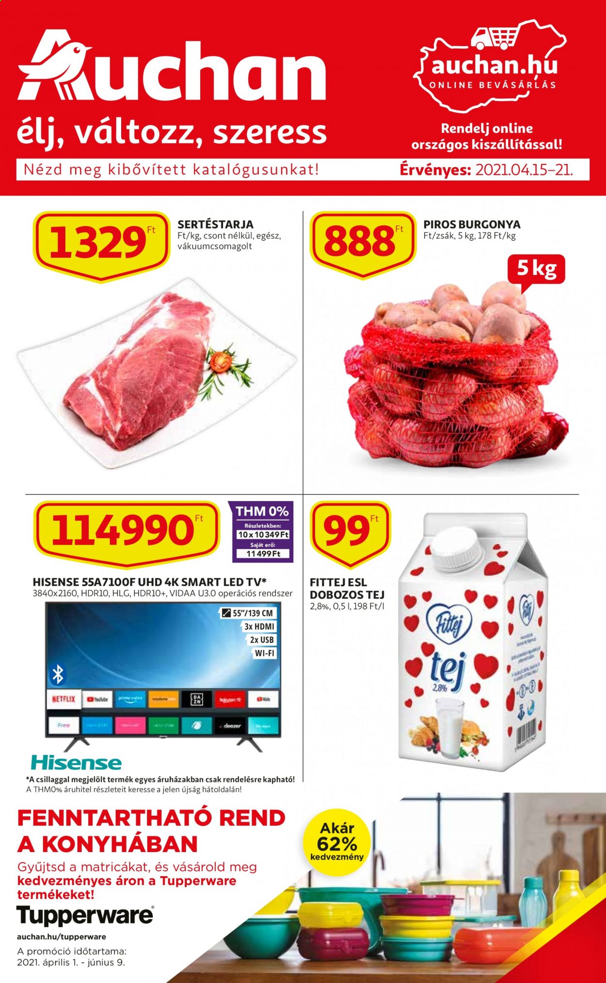 thumbnail - Auchan akciós újsága  - 2021.04.15 - 2021.04.21 - Akciós termékek - sertéstarja, tej, televízió, LED TV.  1. Oldal