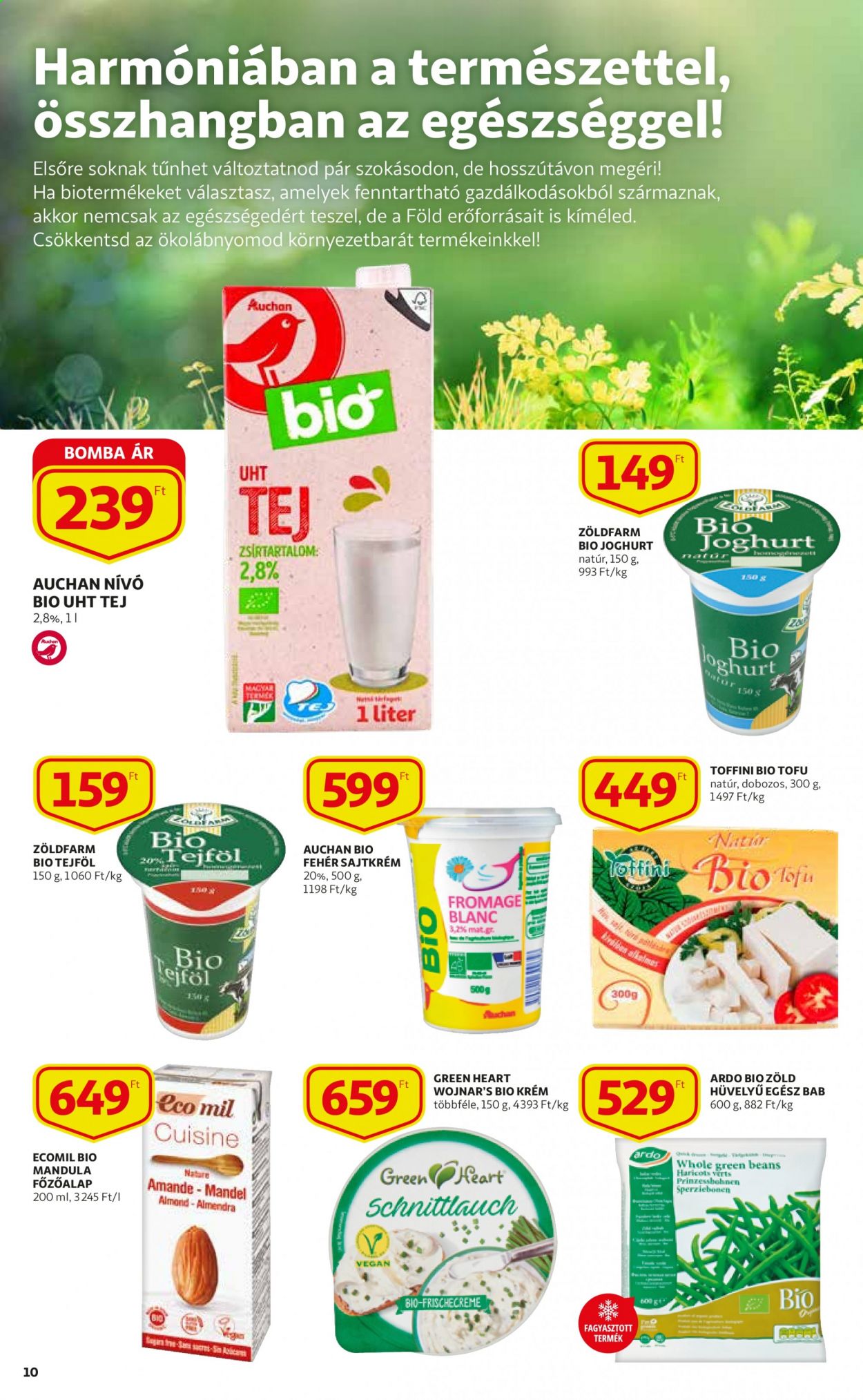 thumbnail - Auchan akciós újsága  - 2021.04.15 - 2021.04.21 - Akciós termékek - bab, krémsajt, sajt, joghurt, tej, tejföl, tofu, mandula.  10. Oldal