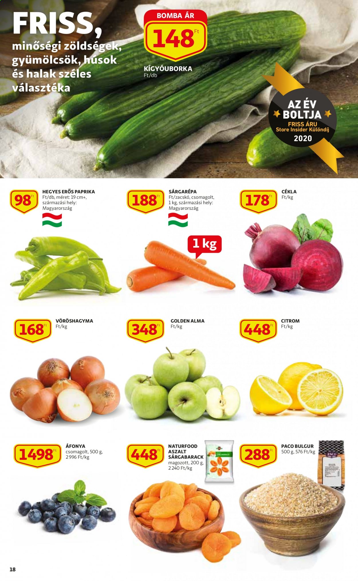 thumbnail - Auchan akciós újsága  - 2021.04.15 - 2021.04.21 - Akciós termékek - citrom, sárgabarack, áfonya, alma, kígyóuborka, paprika, sárgarépa, vöröshagyma, hegyes erős paprika, bulgur, aszalt sárgabarack.  18. Oldal