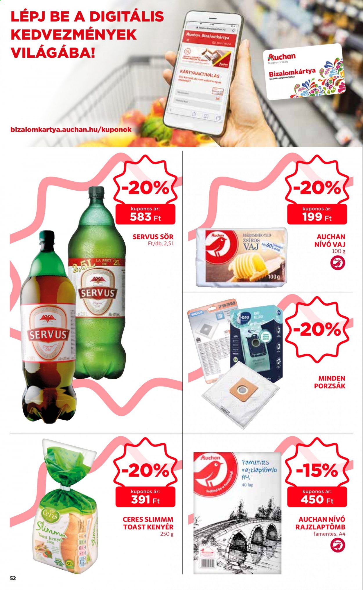 thumbnail - Auchan akciós újsága  - 2021.04.15 - 2021.04.21 - Akciós termékek - sör, kenyér, toast kenyér, vaj, nívó vaj.  52. Oldal