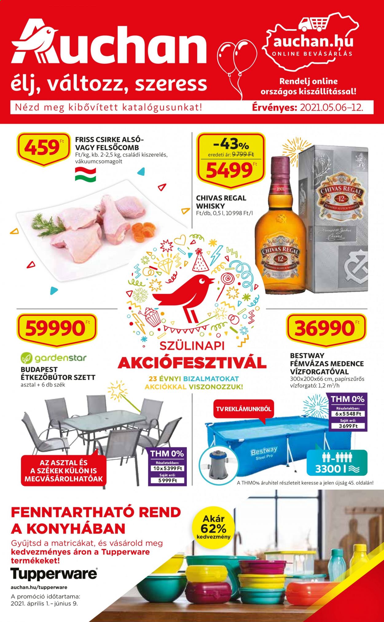 thumbnail - Auchan akciós újsága  - 2021.05.06 - 2021.05.12 - Akciós termékek - csirke alsócomb, csirke felsőcomb, csirkehús, whisky, asztal, úszómedence.  1. Oldal