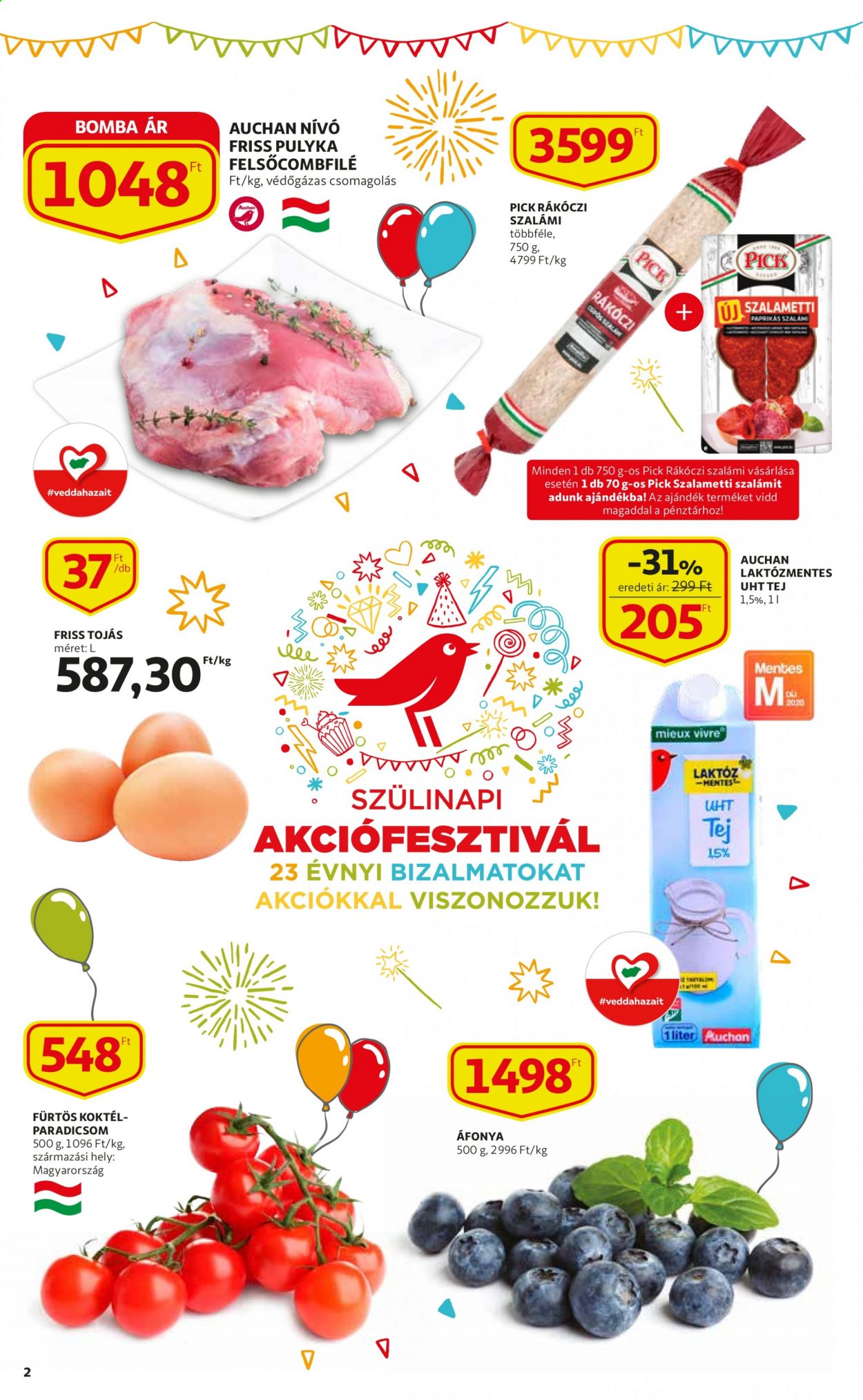 thumbnail - Auchan akciós újsága  - 2021.05.06 - 2021.05.12 - Akciós termékek - áfonya, paradicsom, pulyka felsőcomb, pulykahús, paprikás, szalámi, PICK, laktózmentes tej, tojás.  2. Oldal
